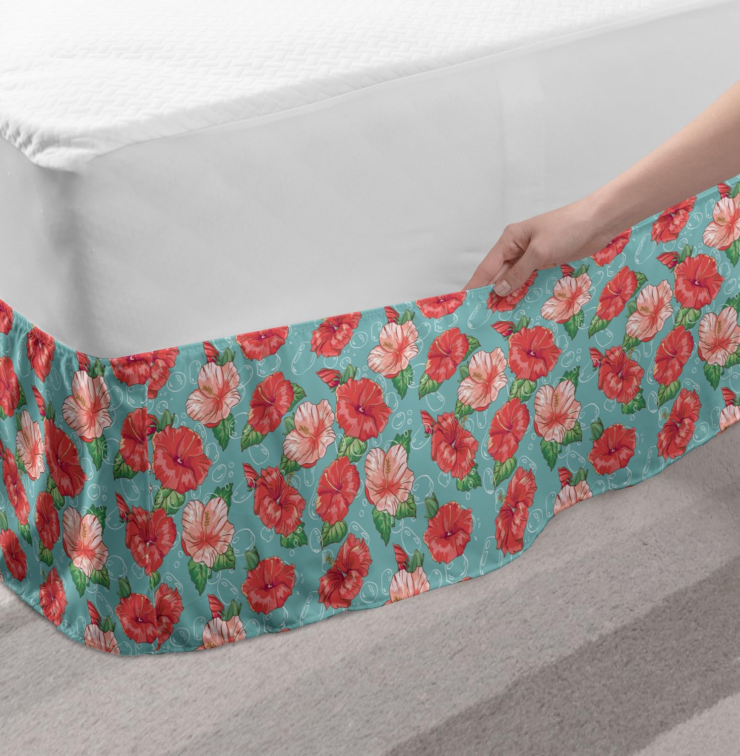 Ambesonne King Size Elastic Bed Skirt - Tropical Hibiscus Flower & Bubble Design Wrap Around Dust Ruffle, Teal Coral Bedroom Decor for Master Bedroom, Guest Room or Vacation Home