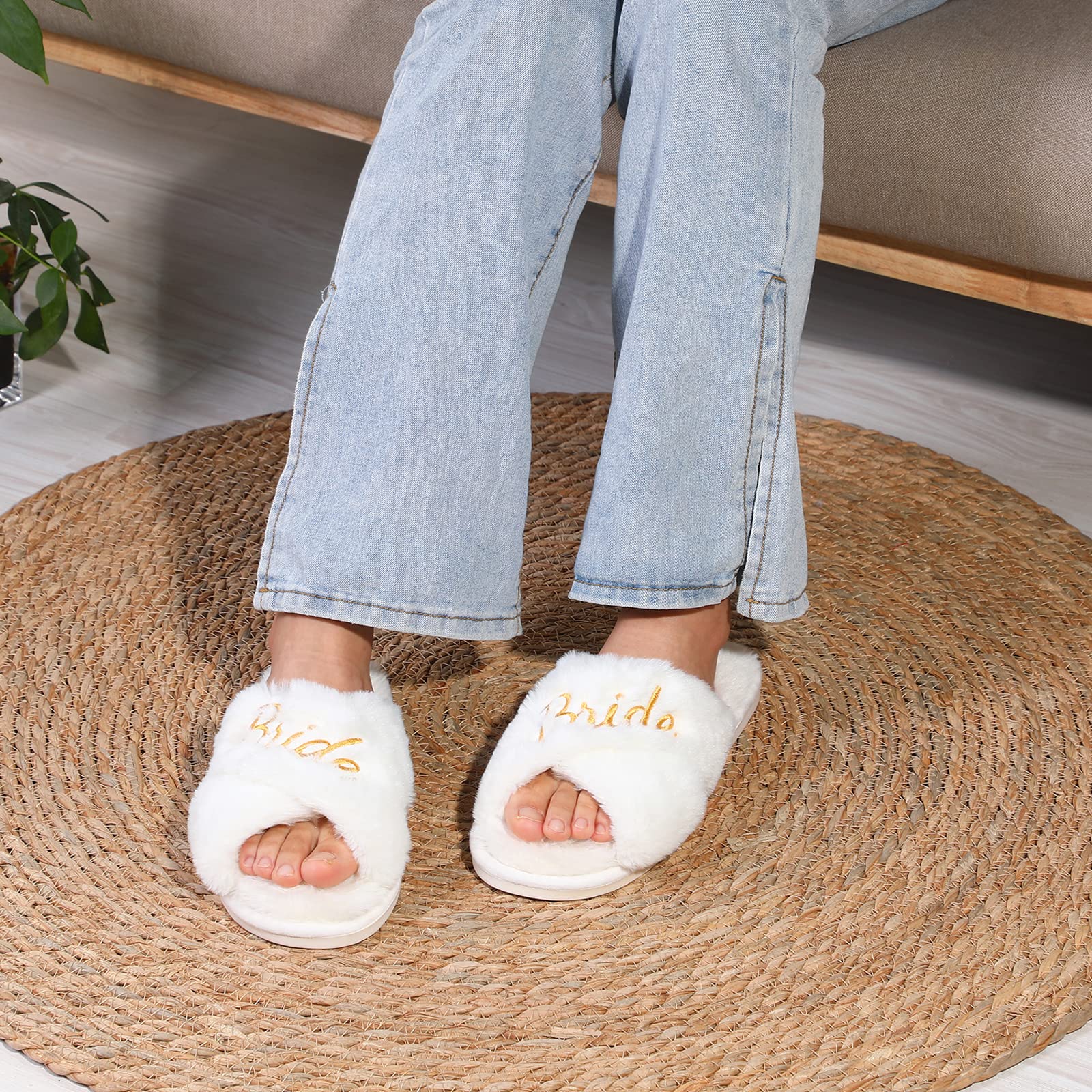 White Fuzzy Bridal Slippers for Wedding Day - Soft Plush Bride Slippers for Bachelorette Party, Bridal Shower Gift - Perfect for Getting Ready Photos & Wedding Morning Comfort