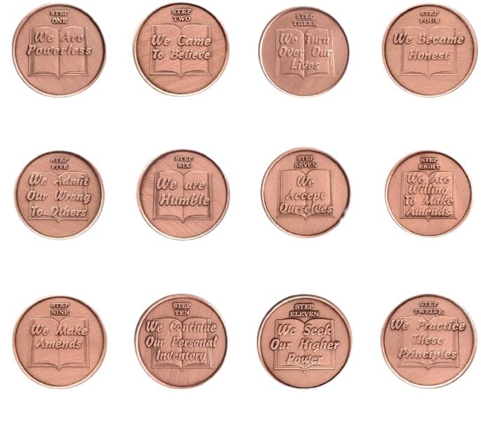 12-Step Copper Medallion Set for AA & NA Recovery - Alcoholics Anonymous & Narcotics Anonymous Sobriety Tokens - Perfect for Meetings, Milestones & Gifts