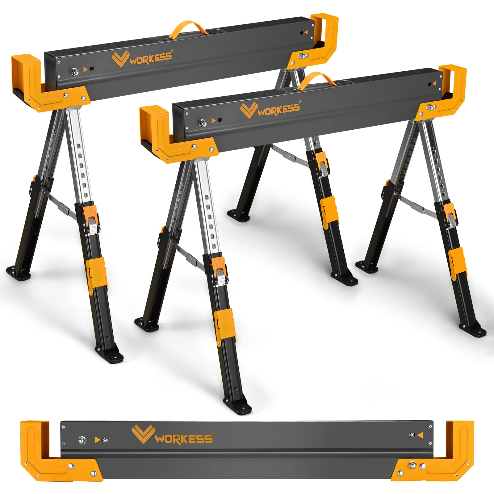 Heavy Duty Folding Saw Horses 2 Pack - 2600 Lbs Capacity, Adjustable Height 24-32 Inch with 2x4 Support Arms - Portable Workbench for Woodworking, Construction & DIY Projects - Easy Grip Handle & Foldable Legs for Compact Storage