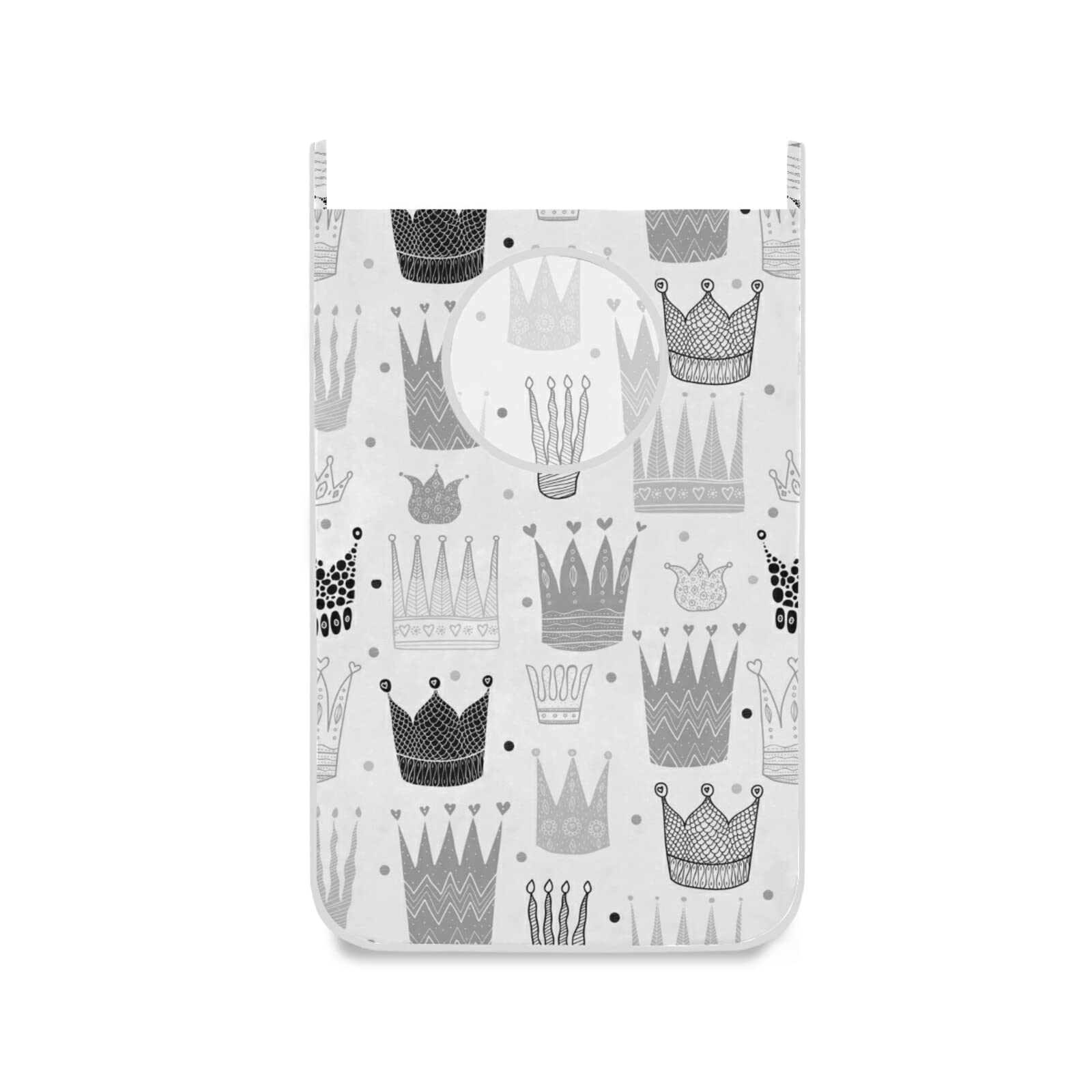 Poeticcity Seamless Black & Grey Princess Crown Laundry Hamper Bag - Over The Door Hanging Clothes Basket with Hooks for Dirty Laundry Storage - Perfect for Bathroom, Bedroom & Closet Organization (White)