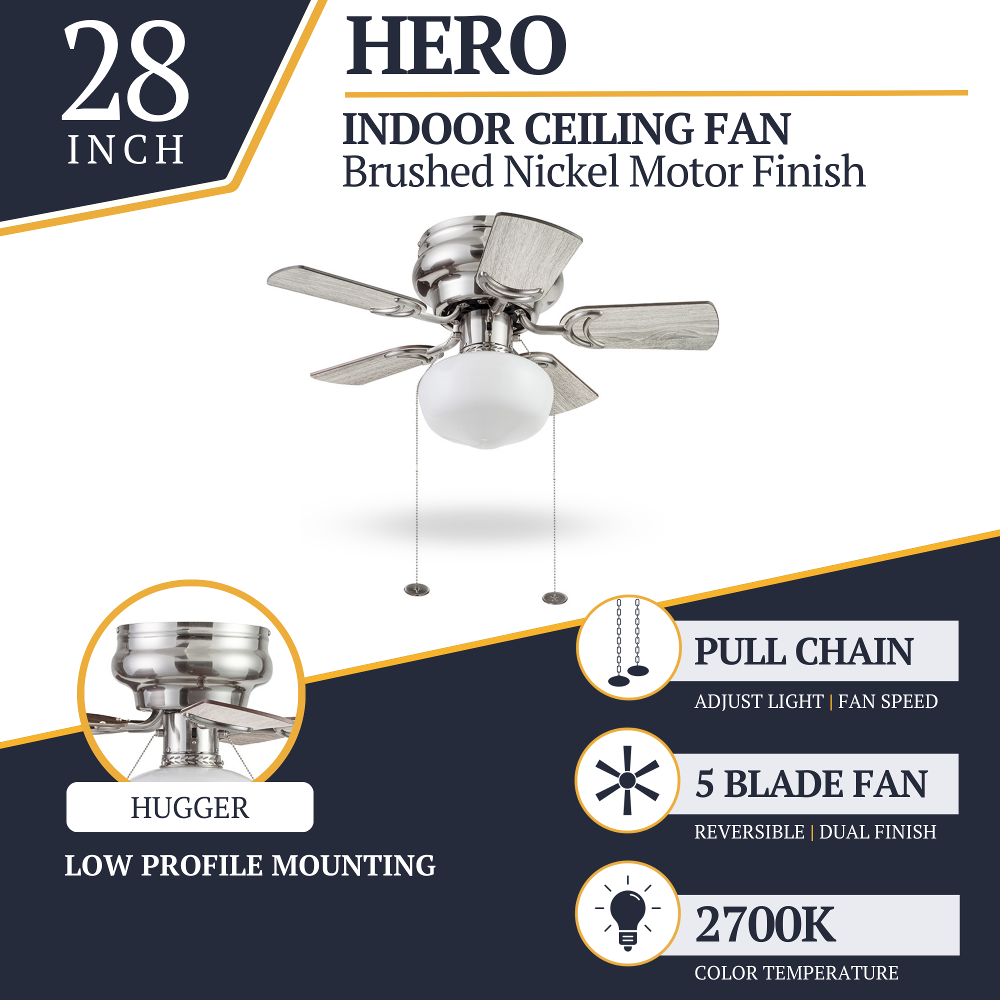 28 Inch Brushed Nickel Ceiling Fan with Pull Chain - Modern Indoor Ceiling Fan for Bedroom, Living Room, and Office