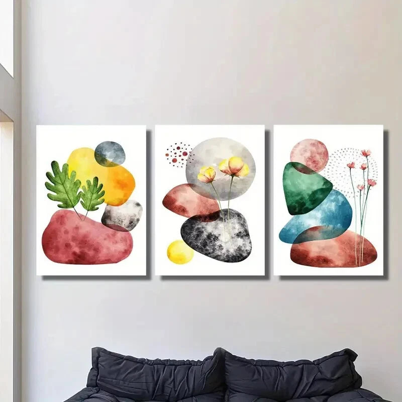 3-Piece Colorful Geometric Stones and Botanical Flower Metal Wall Art - Ready to Hang Modern Home Decor for Living Room, Bedroom & Office