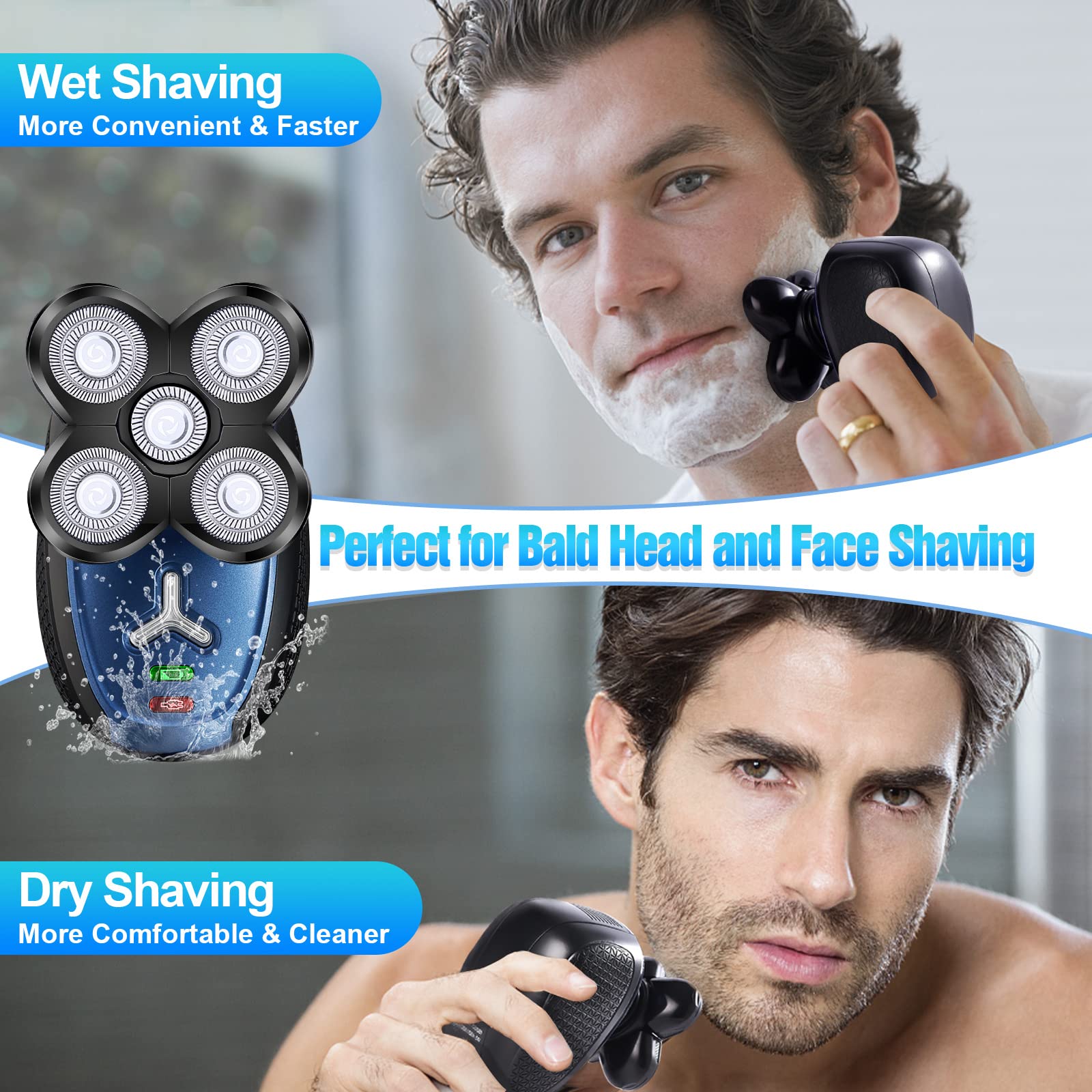 5-in-1 Electric Head Shaver for Bald Men - Cordless, Waterproof Wet/Dry Rotary Razor for Head & Face Shaving - USB Rechargeable - Perfect for Travel, Gym & Daily Grooming Routine