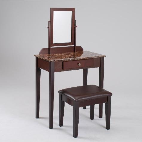 Premium Espresso Finish Iris Vanity Stool Set with Marble Table Top - Elegant Makeup Vanity Seat for Bedroom, Bathroom & Dressing Room