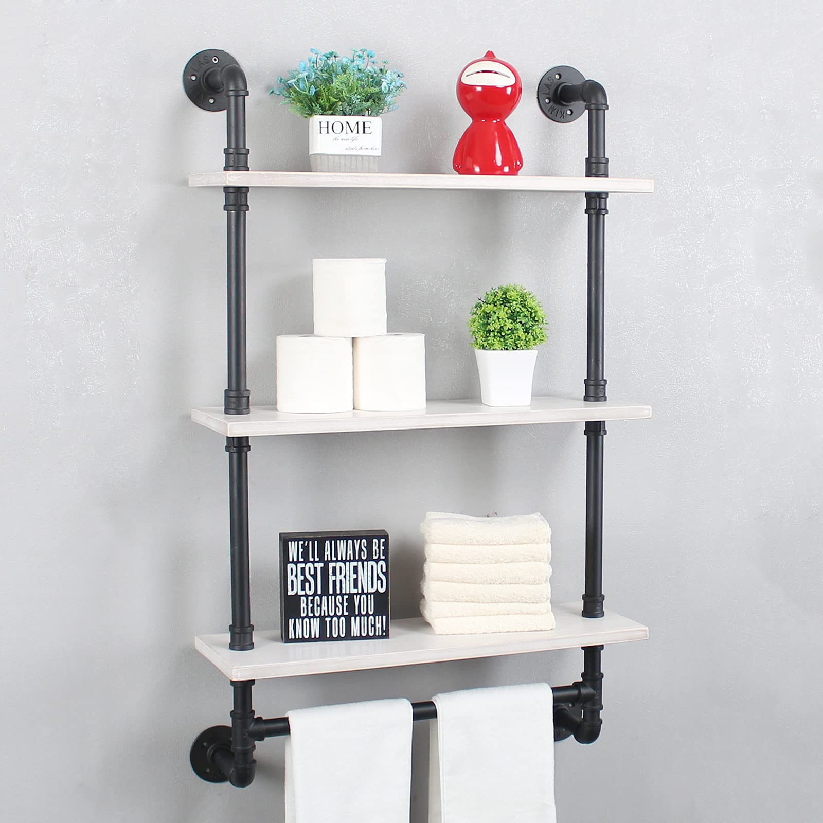 Industrial Pipe Shelving Set - 3-Tier Rustic Metal Floating Wall Shelf with Towel Bar (24 Inch, Black & White) - Heavy Duty Bathroom & Kitchen Storage for Towels, Spices & Decor