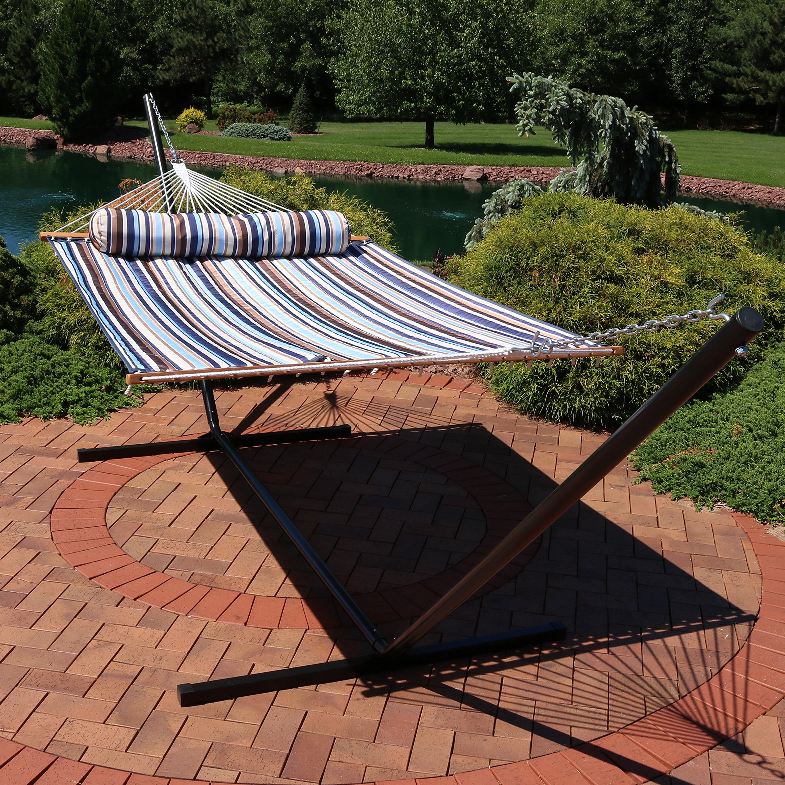 Sunnydaze Quilted Double Hammock with Stand for Outdoor Relaxation - 400lb Capacity 2-Person Hammock with 15ft Steel Stand - Perfect for Backyard, Beach & Camping - Ocean Isle Design