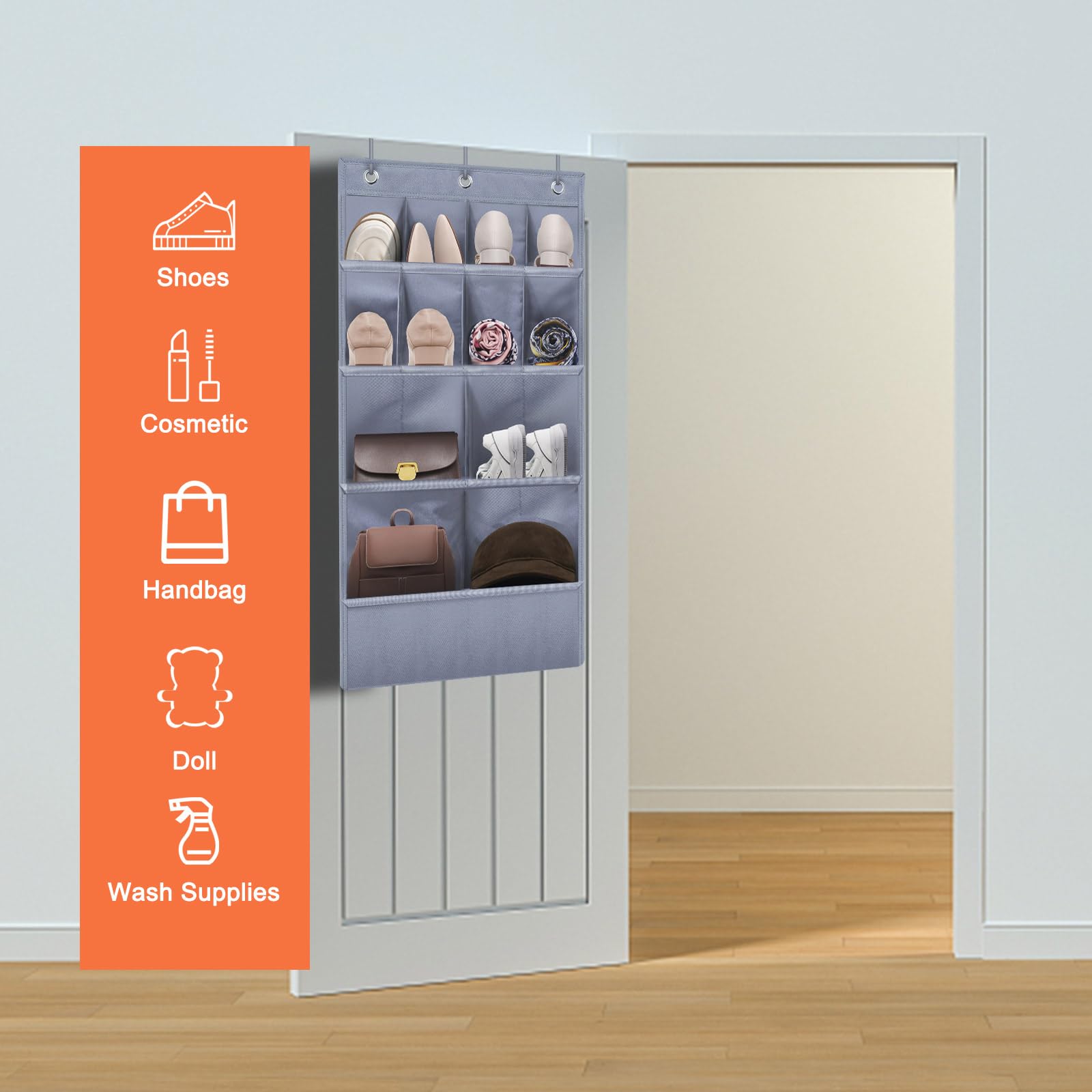 Over the Door Shoe Organizer with 11 Deep Pockets - Space Saving Closet Storage for Shoes, Accessories & Small Items - Perfect for Dorms, Apartments & Narrow Doors (Grey, 1 Pack) - Ideal for Bedroom, Bathroom & Entryway Organization