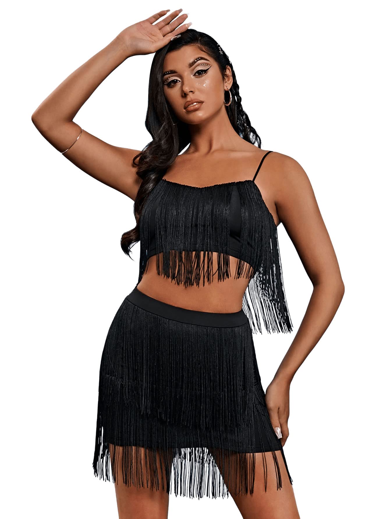 SweatyRocks Women's Bohemian 2 Piece Outfits - Fringe Cami Crop Top & Bodycon Mini Skirt Set | Summer Festival, Beach Vacation, Date Night Outfit