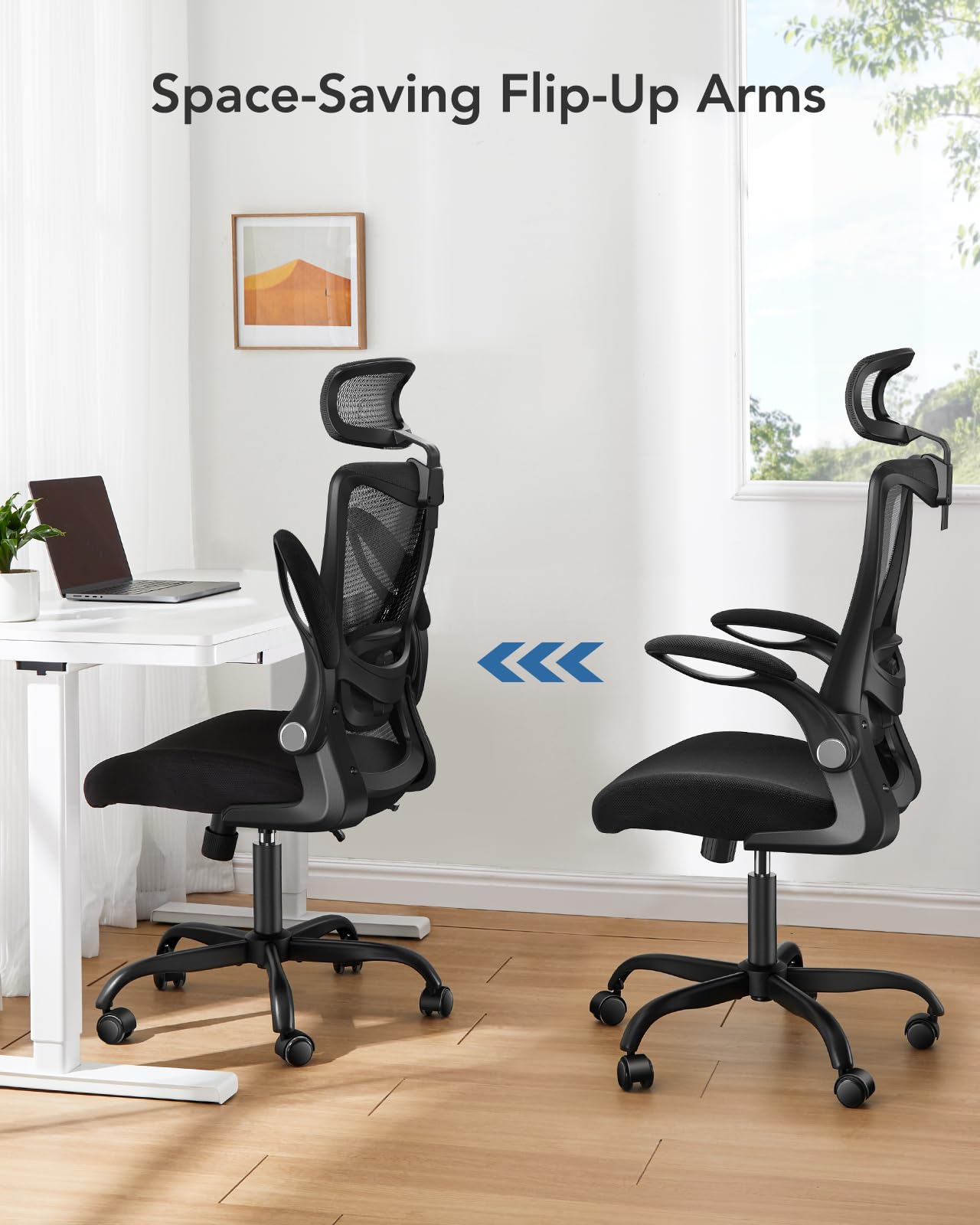 Ergonomic Office Chair with Adjustable Lumbar Support & Headrest - High Back Mesh Computer Chair with Flip-Up Armrests & Wheels for Home Office, Executive Workspace & Gaming Setup