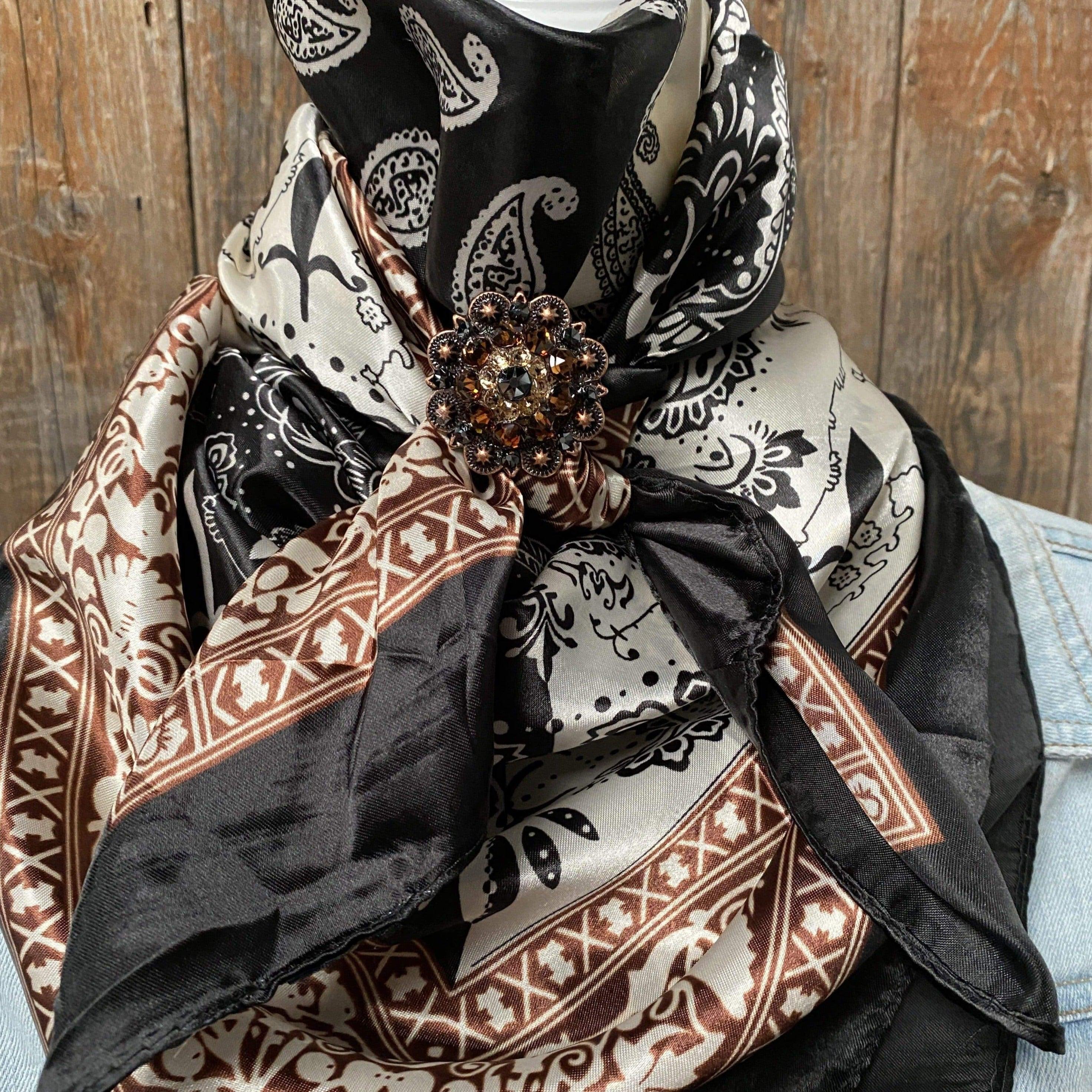 35X35 Two Tone Black Paisley Wild Scarf - Copper Jet, Champagne & Topaz Slide WRC2559C - Western Fashion Accessory for Cowboy, Cowgirl & Horse Riders