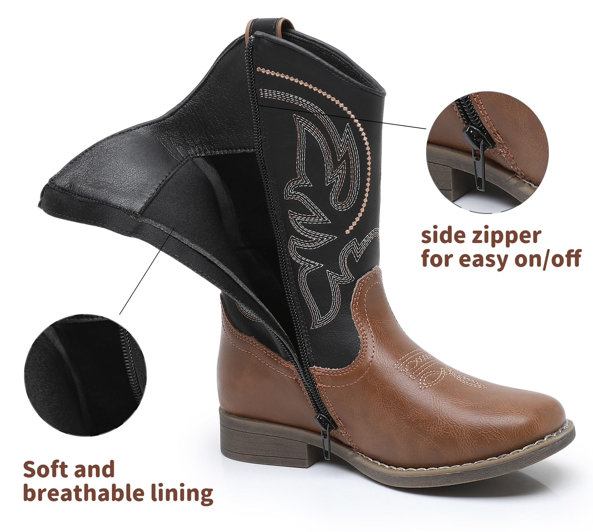 Blikcon Kids Cowboy Boots for Boys & Girls - Embroidered Square Toe Western Rodeo Boots with Side Zipper | Toddler, Little Kid & Big Kid Sizes | Perfect for Rodeo, Cowboy Parties & Western Fashion