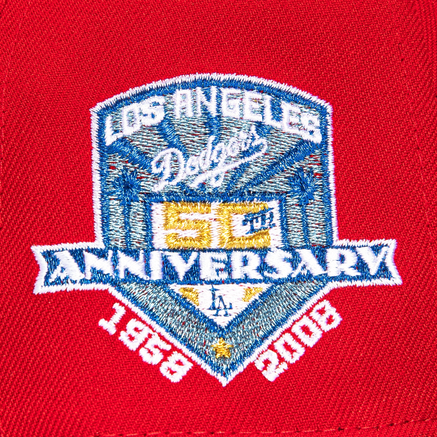 New Era 59Fifty Los Angeles Dodgers 50th Anniversary Snapback Hat with Stadium Patch - Red & Black - Official MLB Baseball Cap for Fans & Collectors - Perfect for Games, Gifts & Streetwear Fashion