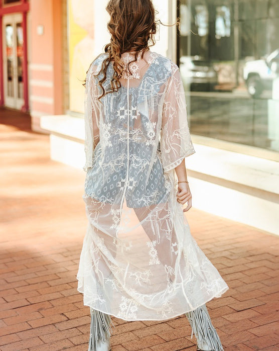 Women's Western Embroidered Mesh Lace Duster Cardigan - Boho Chic Open Front Cover Up for Spring & Summer - Perfect for Music Festivals, Beach Cover-Ups, and Casual Outfits