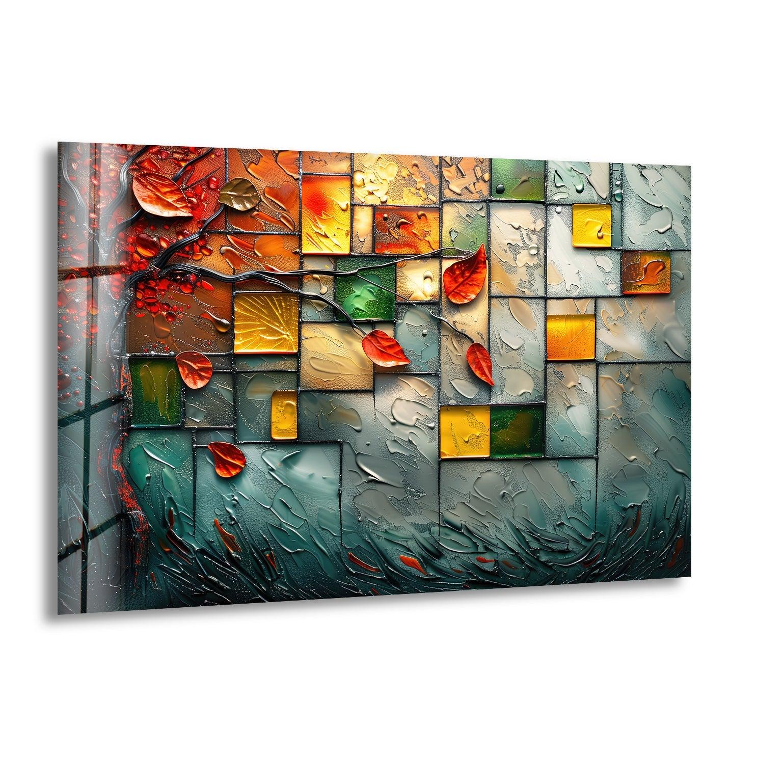 Autumn Mosaic Abstract Glass Wall Art - Handmade Modern Home Decor for Living Room, Bedroom & Office - Perfect for Fall Season Interior Design
