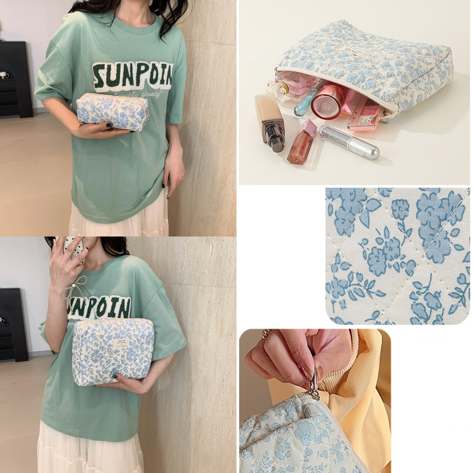 Quilted Floral Makeup Bag Set - 2PCS Large Cosmetic Organizers for Women | Travel & Daily Use