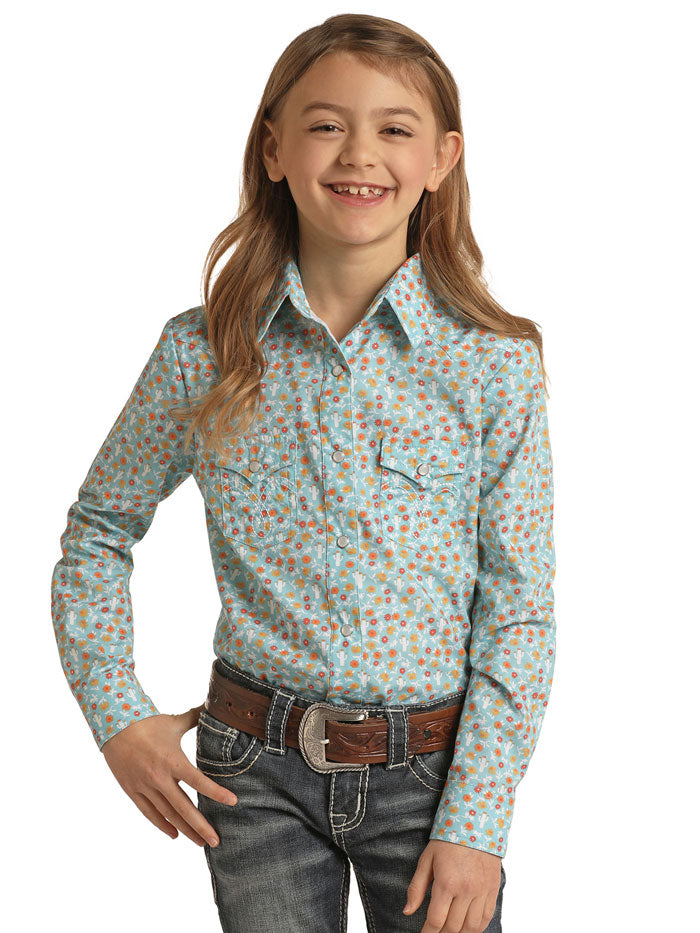 Cute Kids Mini Cactus Print Snap Shirt - Turquoise Short Sleeve Button Up Top for Boys & Girls - Perfect for Summer Outfits, School Photos and Family Vacations