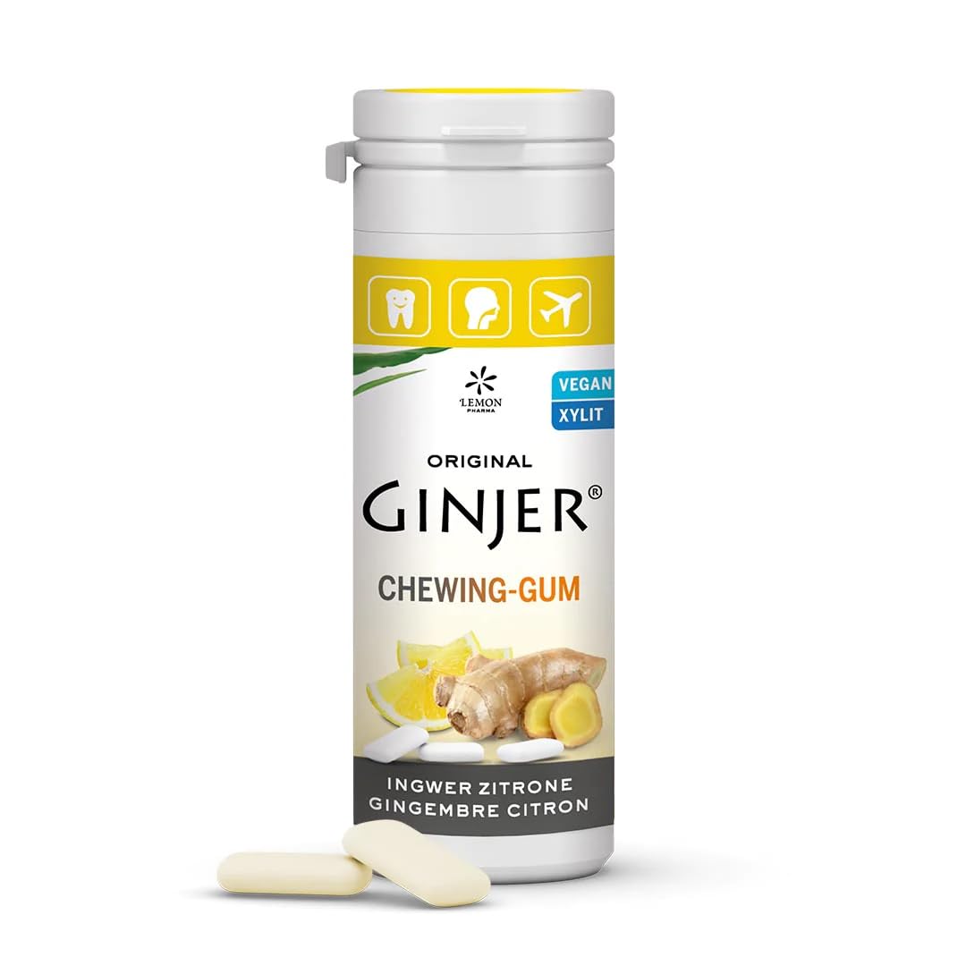 Ginjer® Lemon Xylitol Ginger Chewing Gum - Sugar Free, Aspartame Free, Gluten Free - Naturally Sweetened with Stevia & Xylitol - 30g Box (20 Pieces) - Freshen Breath & Aid Digestion - Perfect for Travel, Office & After Meals