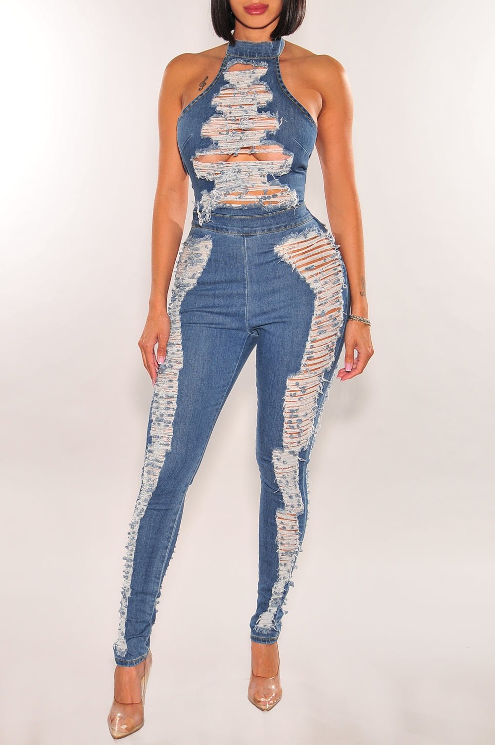 Women's Denim Halter Sleeveless Ripped Destroyed Open Back Jumpsuit - Casual Summer Outfit for Beach, Party & Street Style Fashion