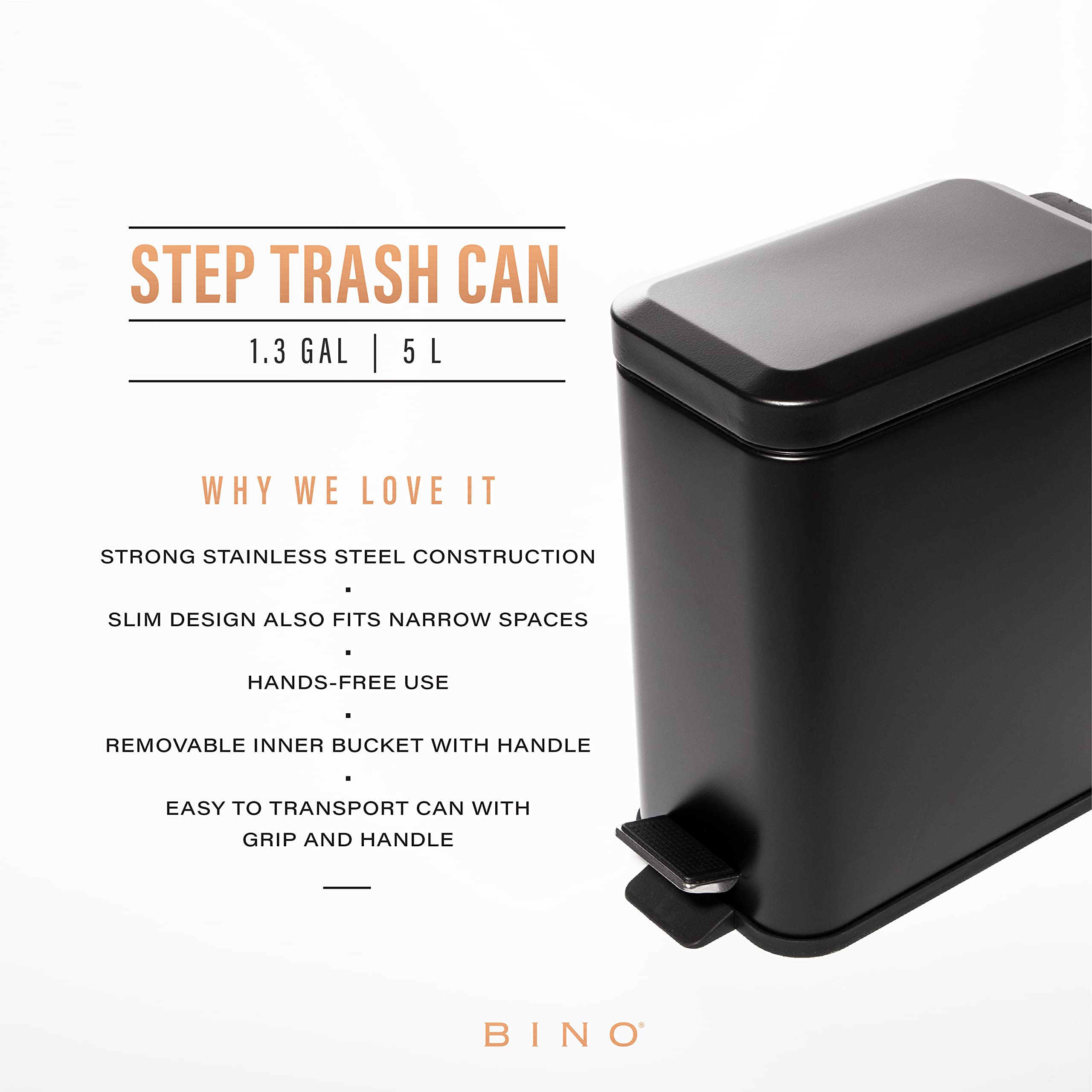 BINO Stainless Steel Step Trash Can with Lid - 1.3 Gallon/5 Liter Rectangular Garbage Bin for Kitchen, Bathroom & Office - Non-Slip Pedal, Matte Black Finish - Perfect for Waste Disposal in Small Spaces