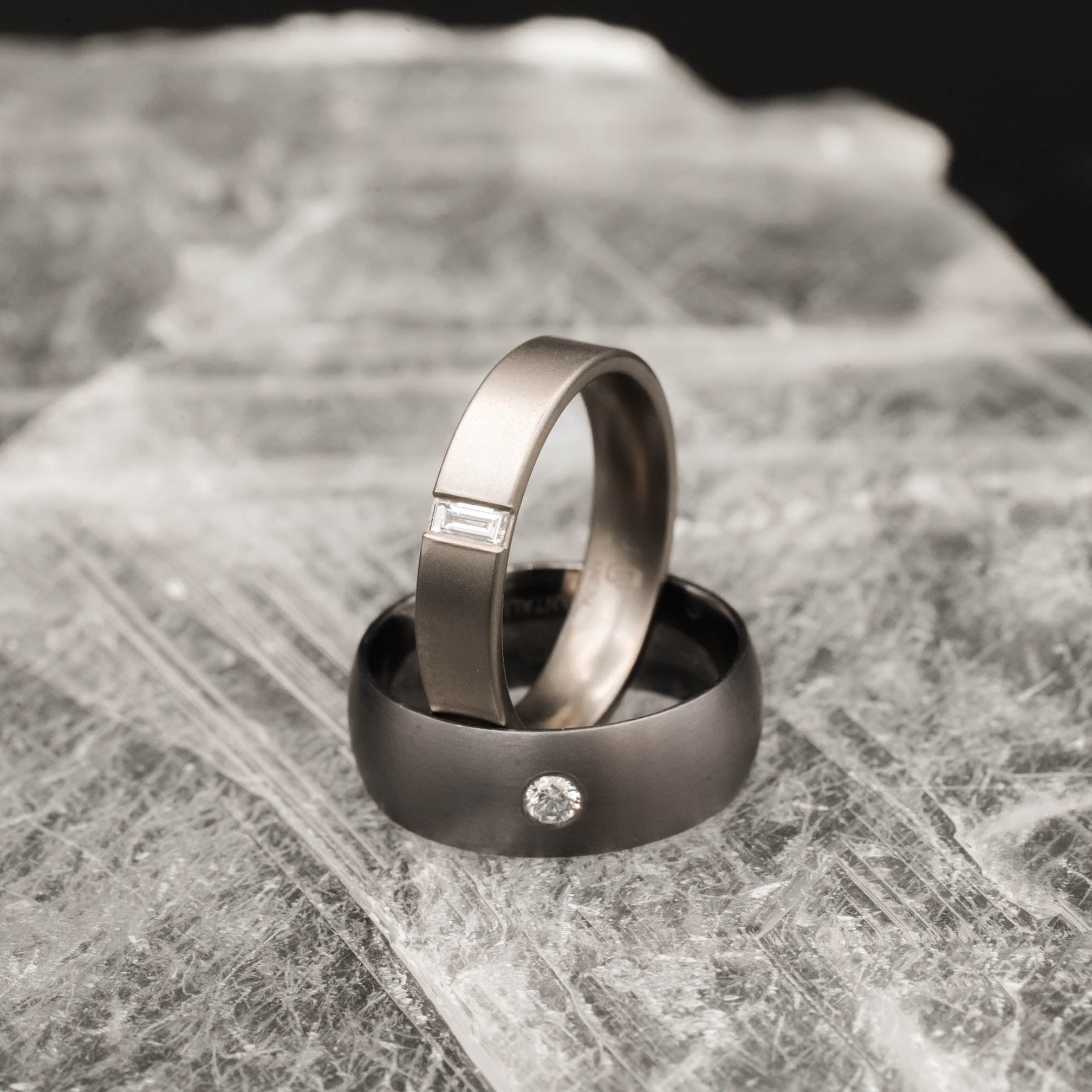 Alternative Metal Band with Flat Profile & Lab-Grown Baguette Diamond - Perfect for Engagement Rings, Wedding Bands & Unique Jewelry Gifts