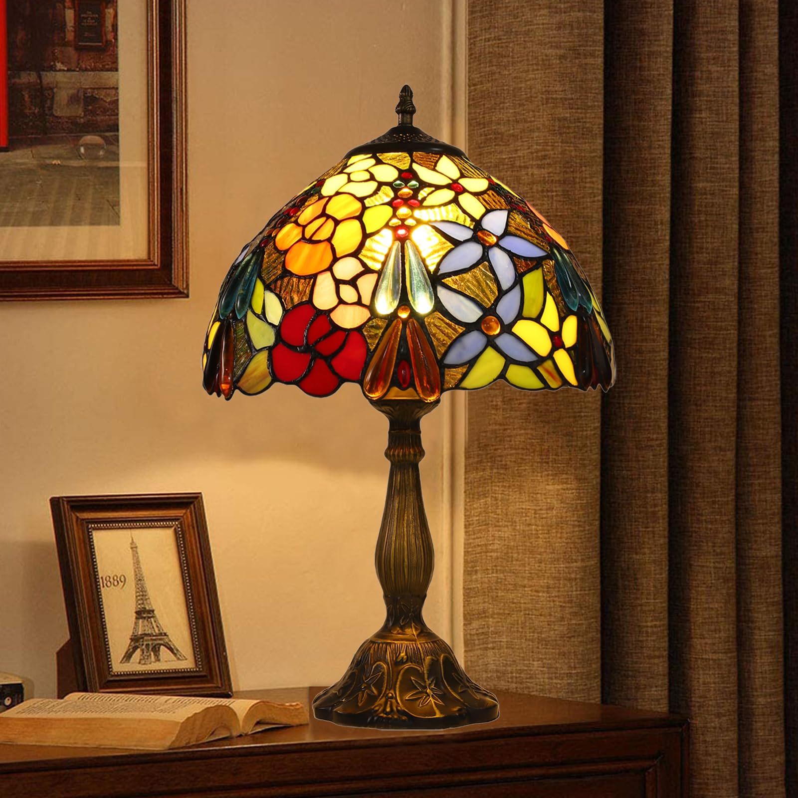 Tiffany Style Stained Glass Table Lamp - 12x18 Inch Rose Flower Grape Design, Bedside Nightstand Lamp for Bedroom, Living Room, Dining Room, Office & Hotel Decor | Perfect for Reading, Ambient Lighting and Home Decoration