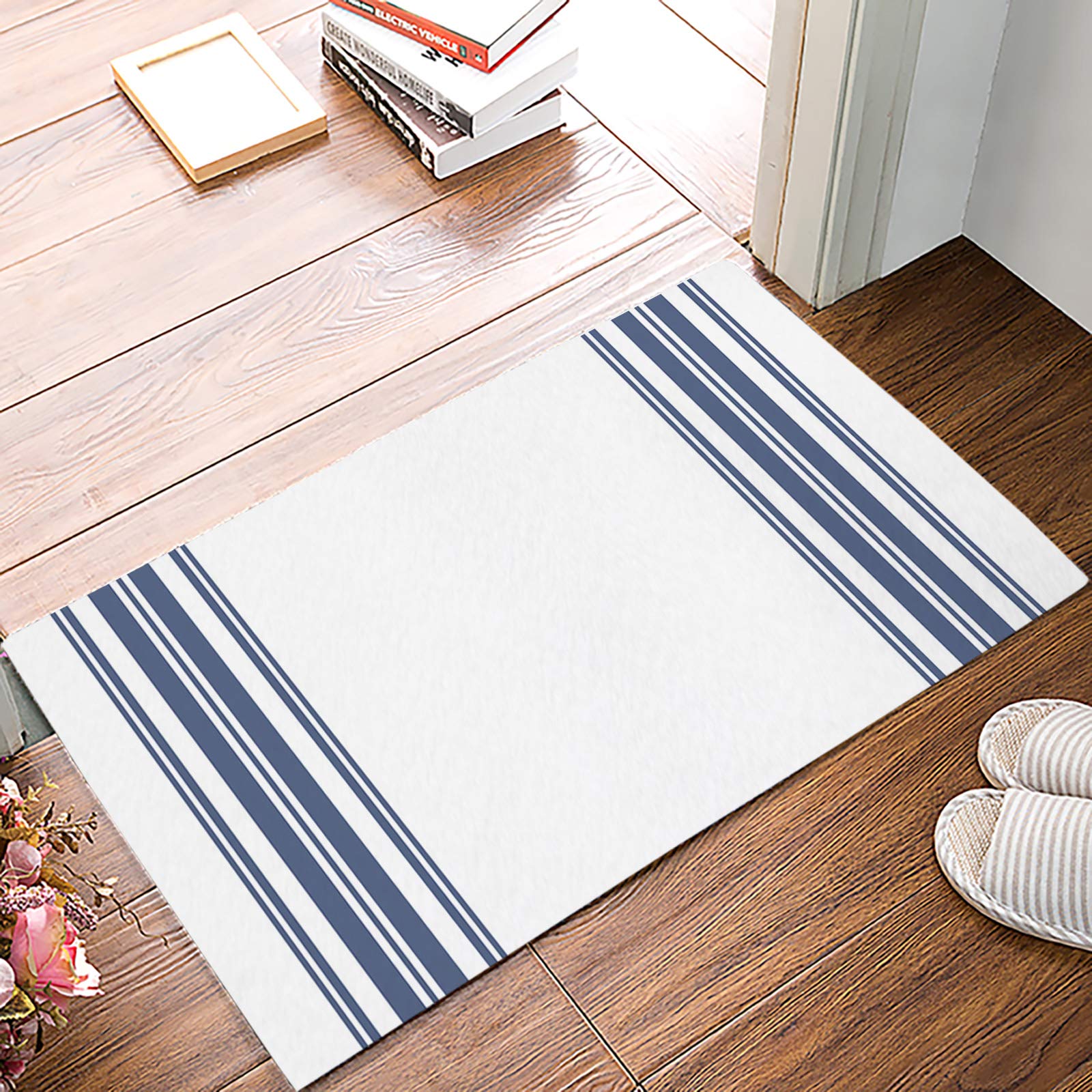 Minimalist Blue Striped Farmhouse Welcome Doormat - Non-Slip Indoor Front Door Mat for Women, Soft Low Profile (16x24 inches) - Perfect for Entryway, Porch & Farmhouse Style Homes