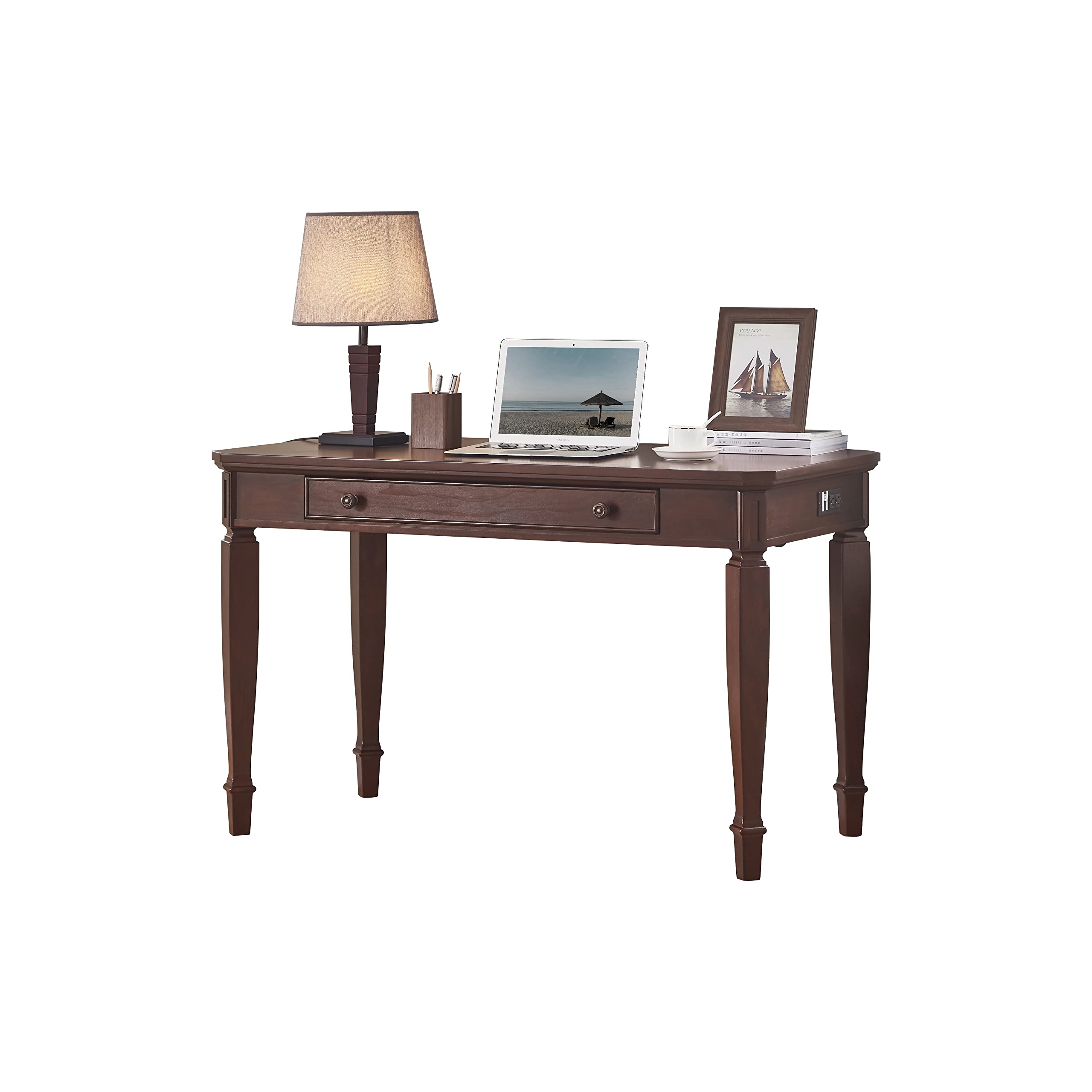 Audrey Living Solid Wood Writing Computer Desk with Drawer & Power Strip - Cherry Brown Home Office Desk for Study Room, Living Room | Perfect for Remote Work, Online Classes & Home Office Setup