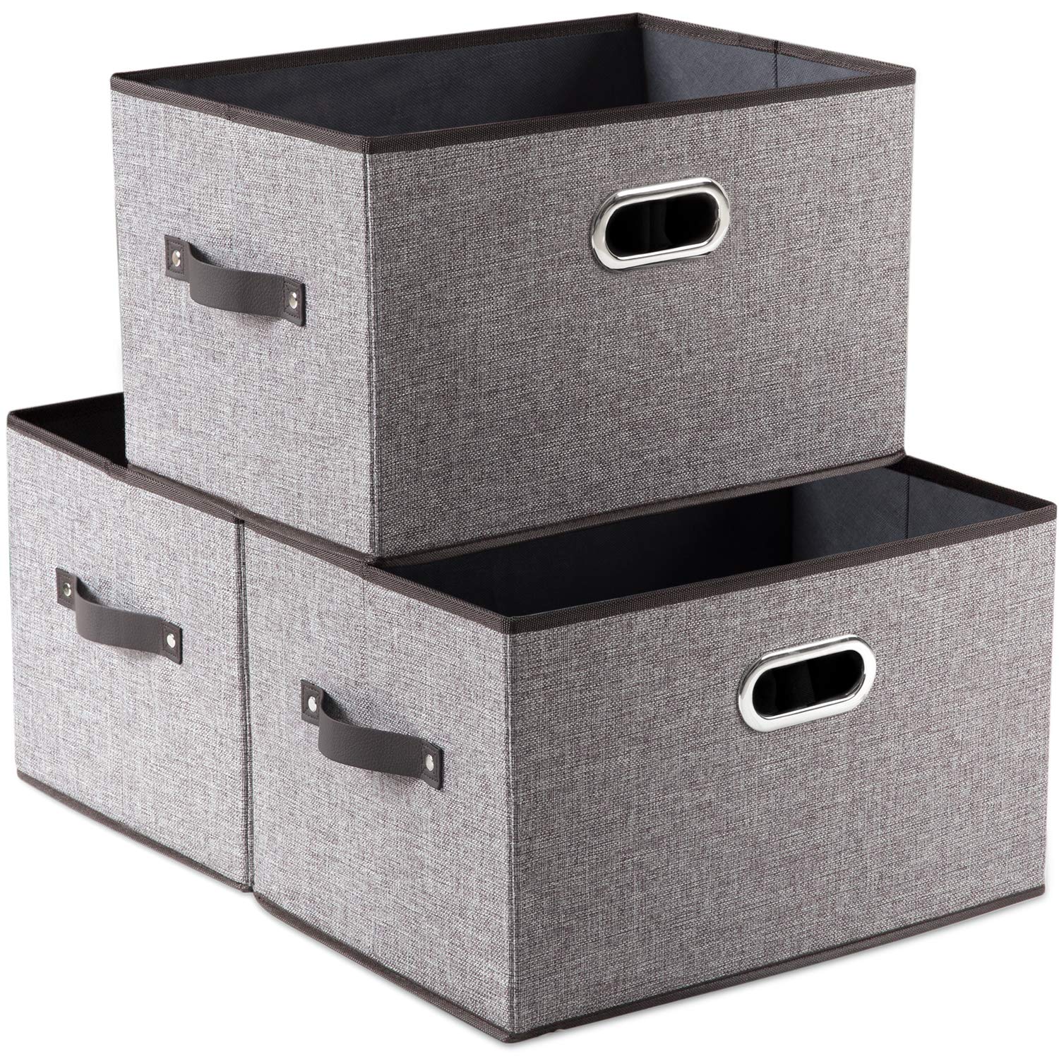 PRANDOM Large Collapsible Storage Bins 3-Pack - Linen Fabric Storage Baskets with Leather/Metal Handles for Closet, Living Room, Nursery (17.3x12.2x10.4 Inch) - Grey & Black Decorative Home Organization for Toys, Blankets, Books