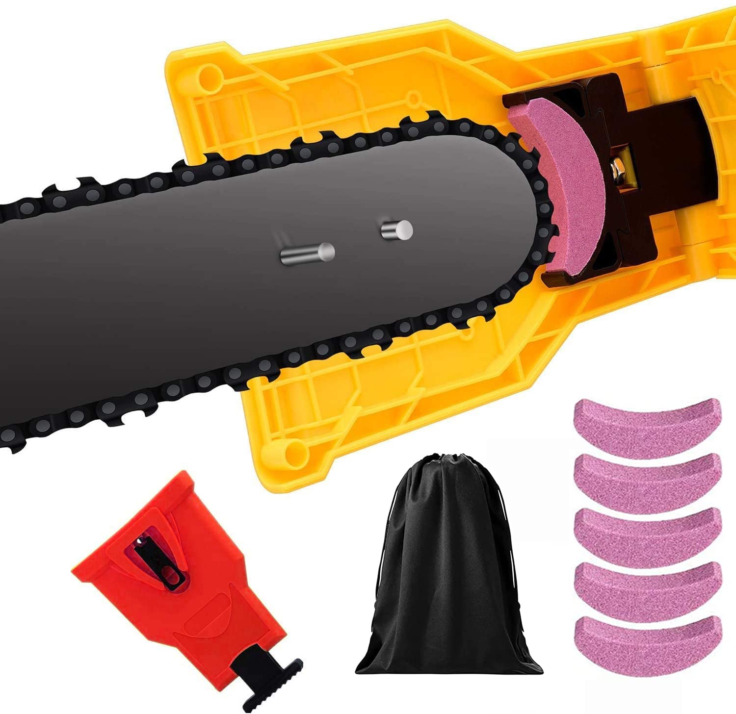 Shuoguoleilei Chainsaw Sharpener Kit - Fast Sharpening Stone Grinder Tool with 5 Whetstones, Bar Mounted for 14/16/18/20 Inch Chainsaws (Red) - Perfect for Wood Cutting, Tree Trimming & Firewood Preparation