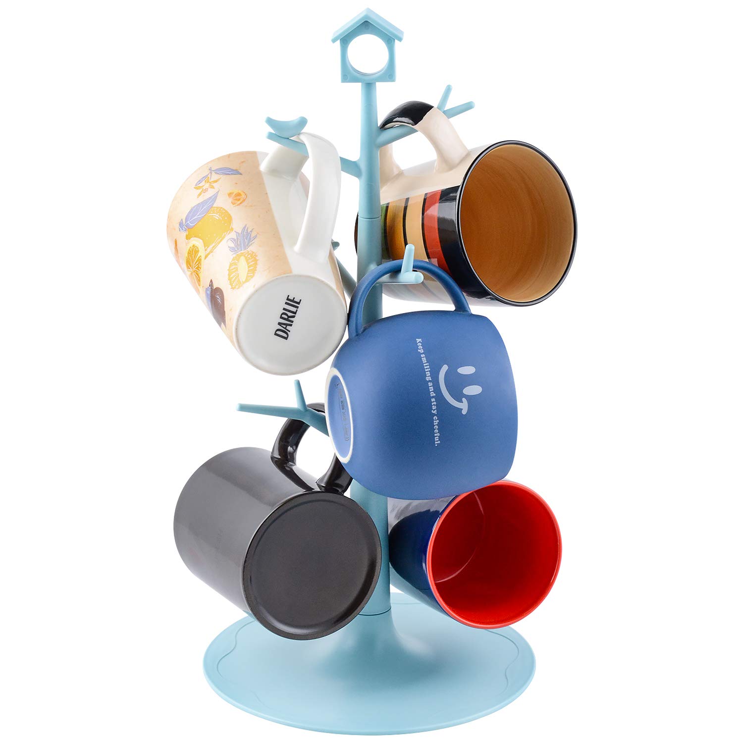 6 Mug Holder Tree - Hanging Cup Stand with Bird & House Sign (Blue) - Perfect for Backyard, Patio, or Kitchen Decor