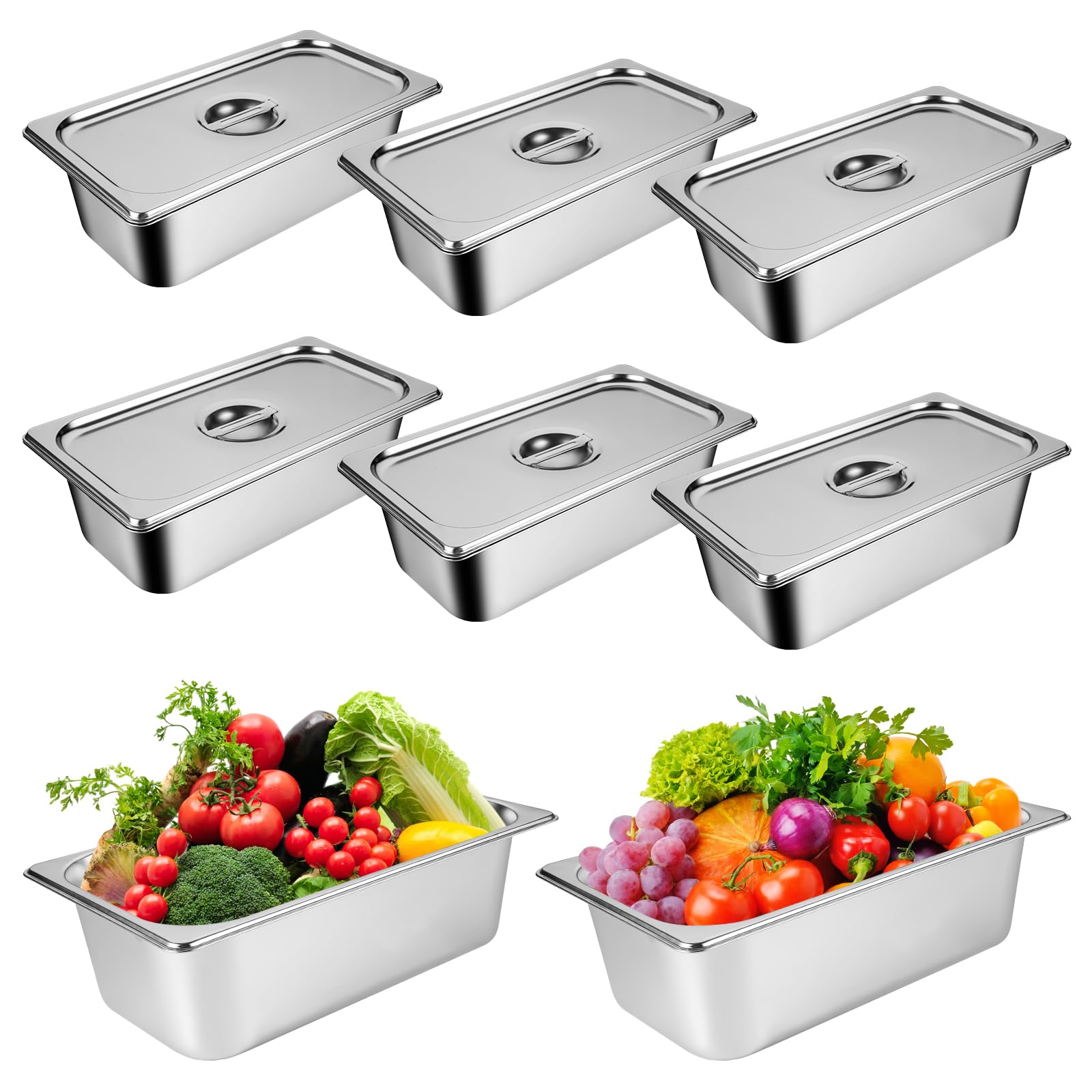 8-Pack Stainless Steel 1/4 Size Hotel Pans with Lids - 6