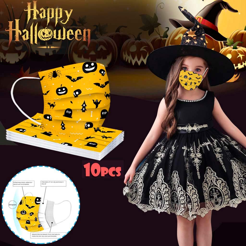 10Pcs Disposable 3-Ply Earloop Face Masks for Kids - Breathable Comfortable Protection for School, Travel & Daily Use - Halloween Printed Design for Parties & Costumes