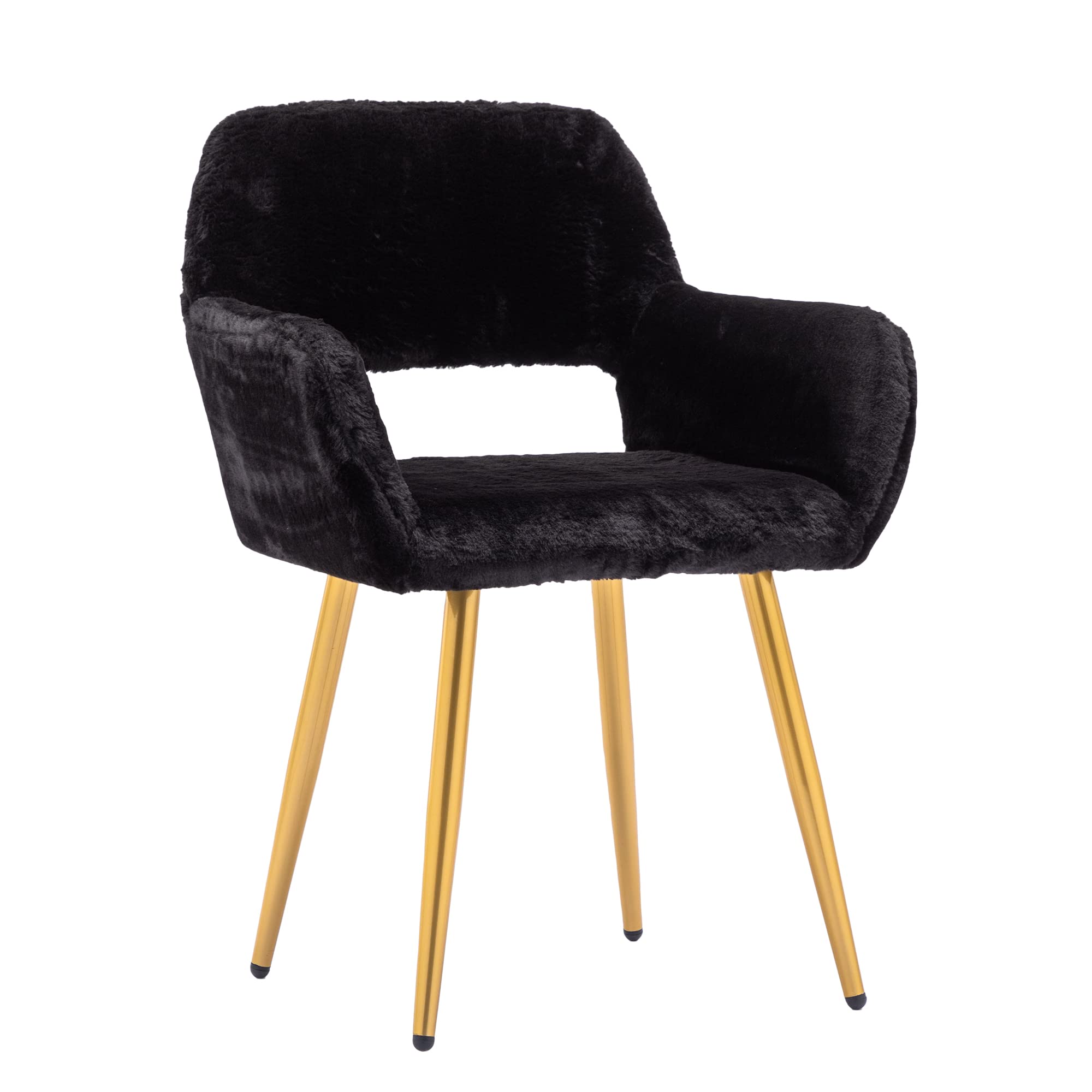 KCC Furry Desk Chair - Mid-Century Modern Faux Fur Accent Chair for Teen Girls & Women, Comfortable Armchair with Wood-Look Metal Legs for Living Room, Dining Room, Home Office, Vanity Makeup Desk - No Wheels, Black - Perfect for Cozy Reading Nooks & Stylish Workspaces