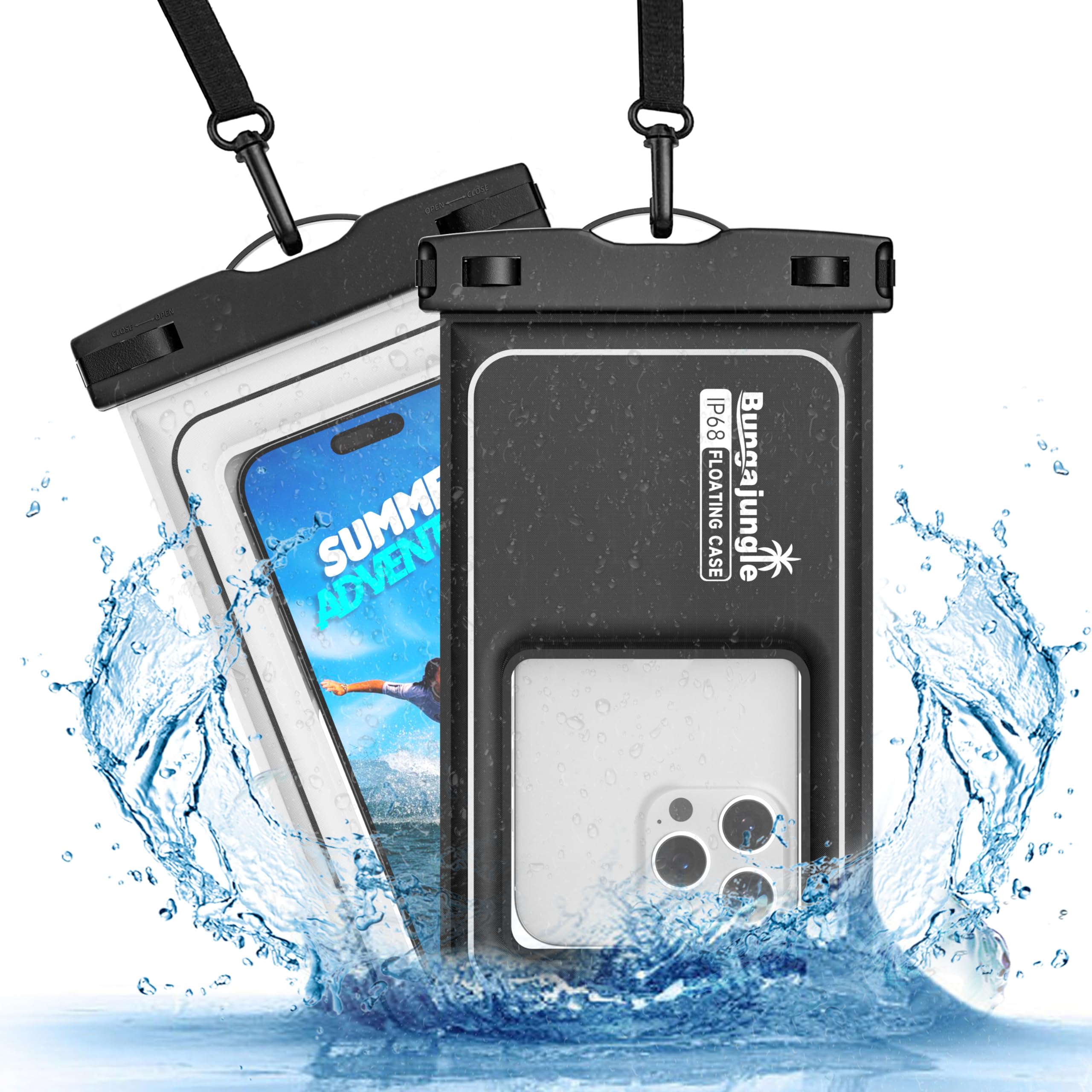 Waterproof Phone Pouch 2 Pack - IP68 Floating Dry Bag Case for iPhone 16 Pro Max/15 Pro & Galaxy S24/S23 with Adjustable Lanyard (Black & White) - Perfect for Beach, Swimming, Cruise, Kayaking and Water Sports