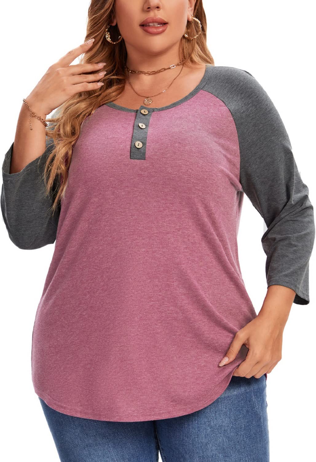 Plus Size Summer Tops for Women - 3/4 Sleeve V-Neck Button Down Blouses - Comfortable & Stylish Casual Wear for Office, Beach & Outdoor Activities