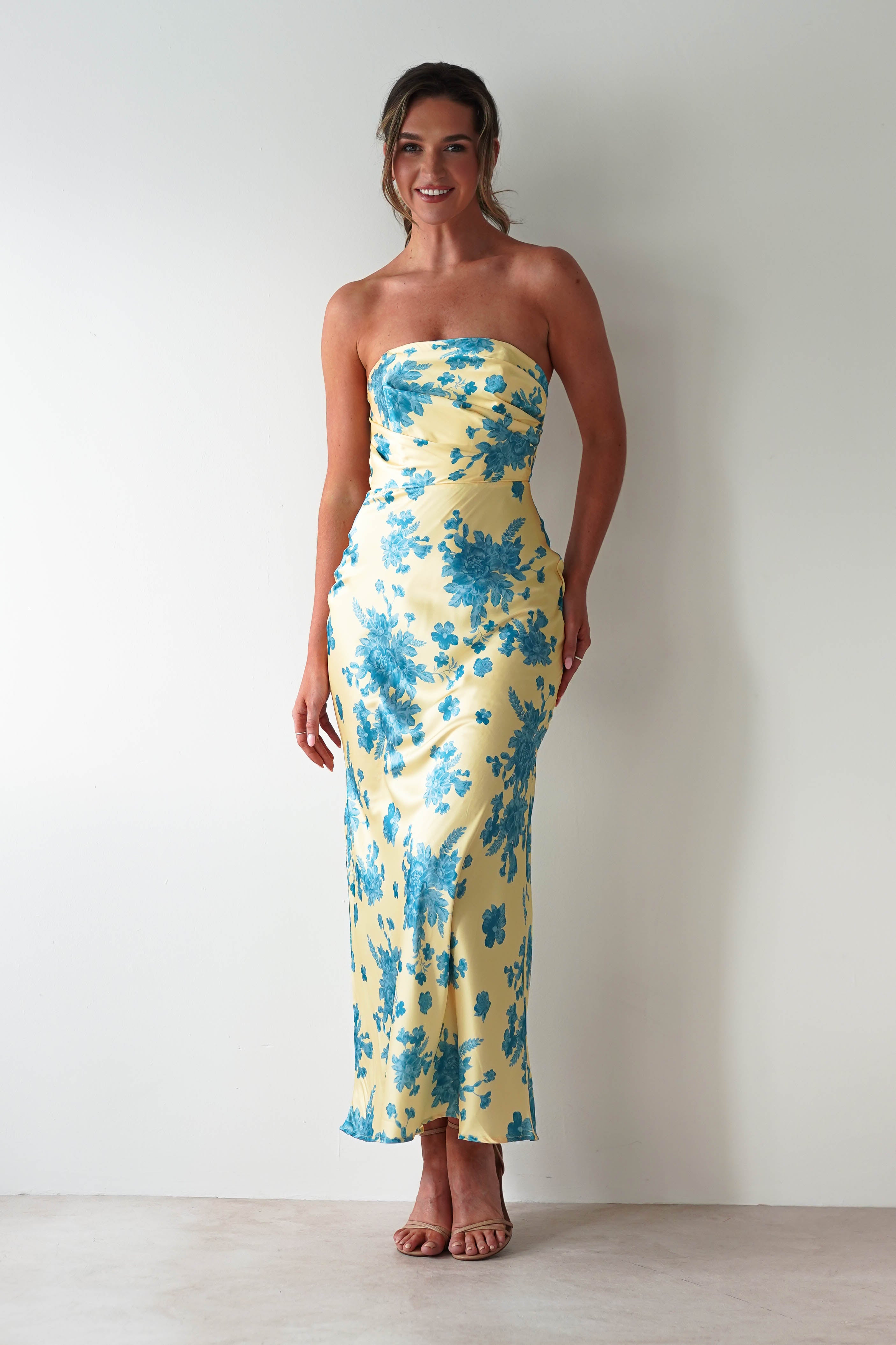 Anthonia Floral Satin Maxi Dress - Elegant Yellow & Blue Flowy Summer Dress for Women | Perfect for Beach Vacations, Weddings & Date Nights