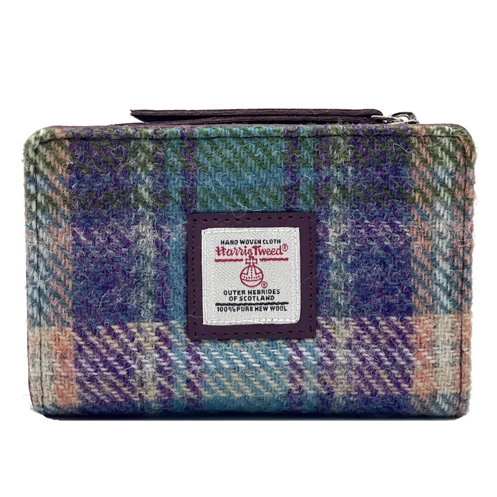 Harris Tweed Zip Purse Wallet for Women - Purple & Green Checkered Pattern Handbag Clutch - Perfect for Work, Travel & Evening Events