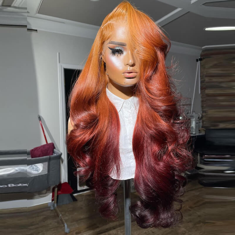 Eullair Flawless Ombre Coral Orange Copper Brown Body Wave Human Hair Wig with Lace Frontal - Sunset Copper Brown for Daily Wear, Parties & Special Occasions