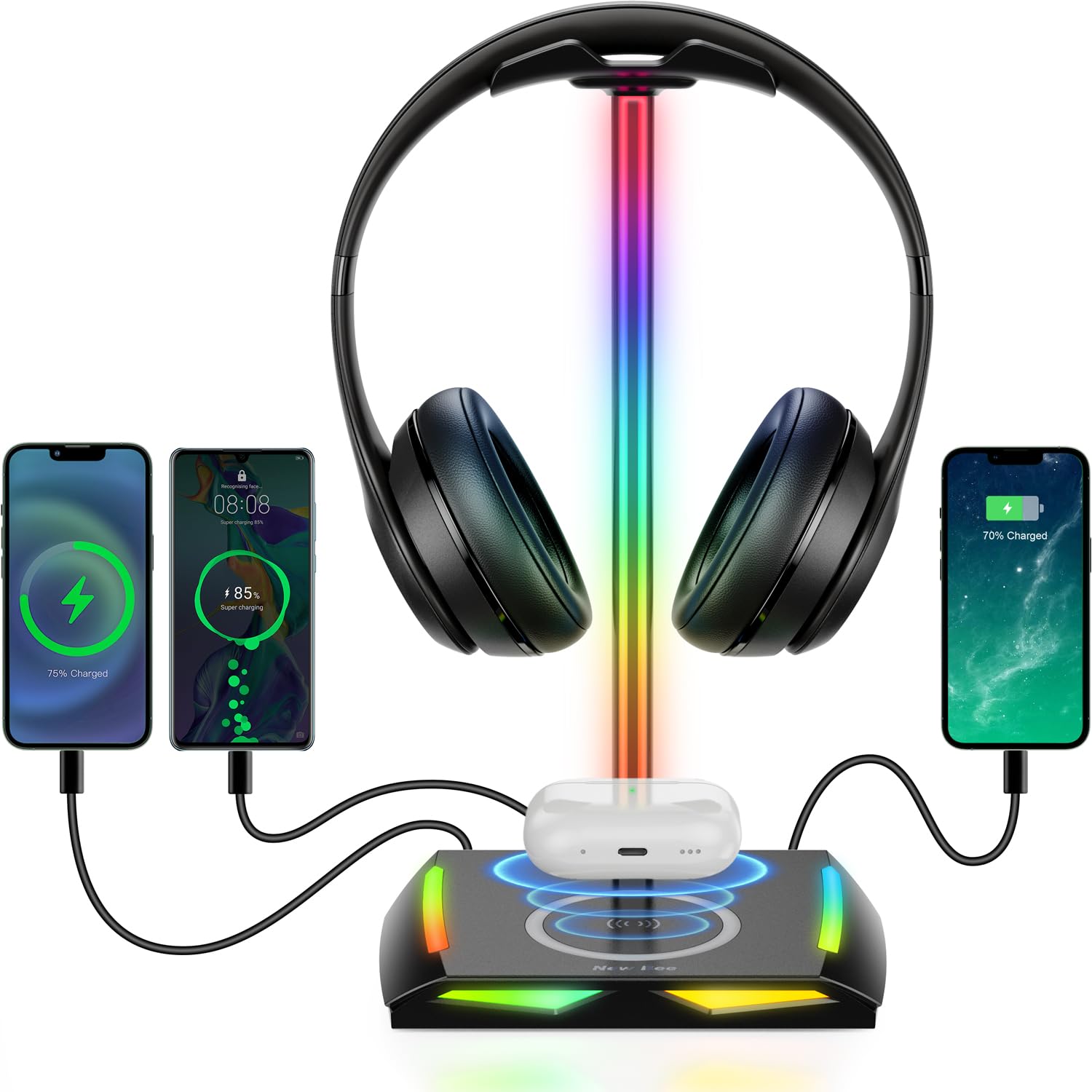 RGB Gaming Headphone Stand with Wireless Charger - 2 USB-C & 1 USB Ports, 7 Color Modes, Non-Slip Base - Perfect for Gaming Setup, Home Office & Streaming Station (Black)