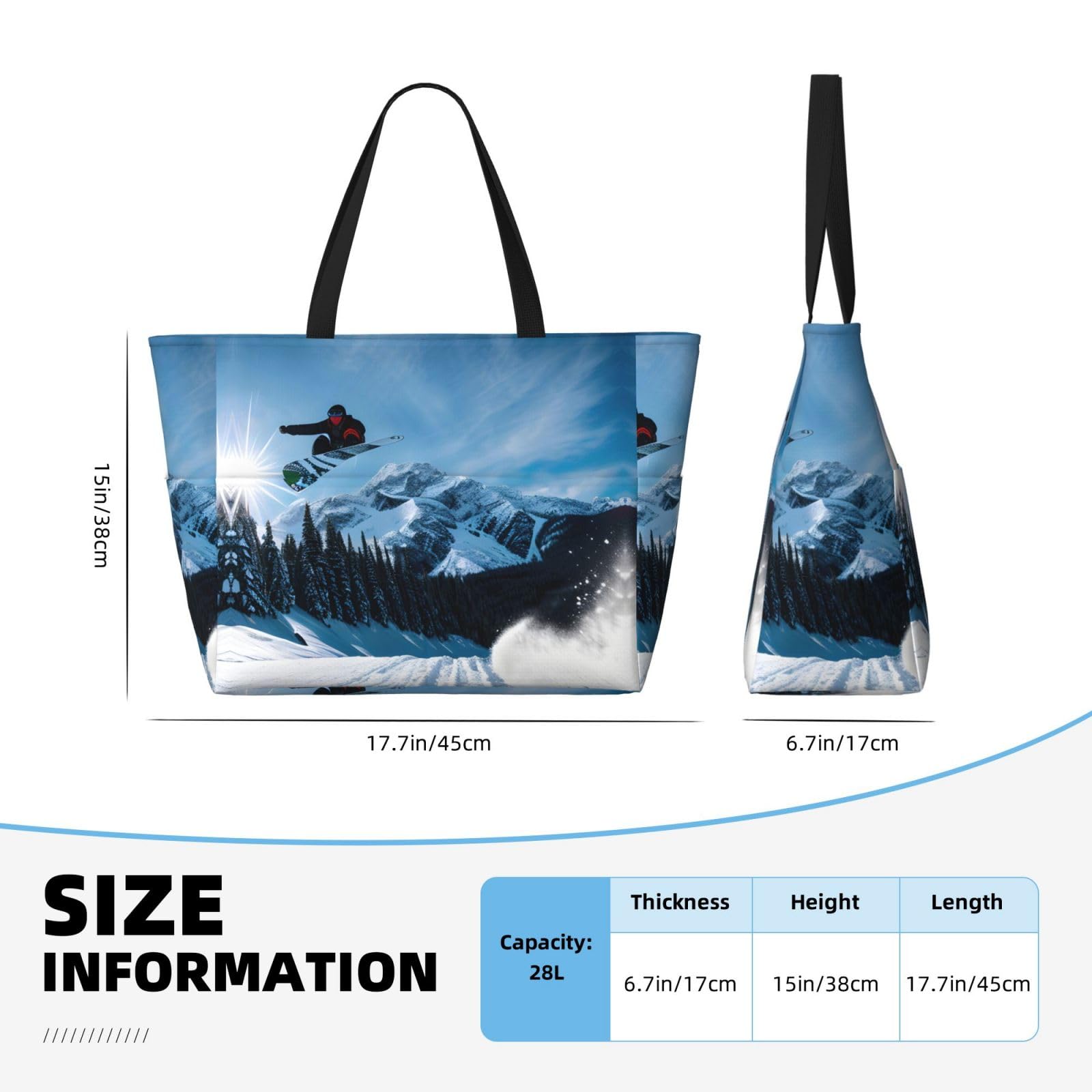 NOUZU Extra Large Snowboarding Print Beach Tote Bag for Women - Waterproof, Durable & Stylish Black Beach Travel Bag - Perfect for Beach Trips, Poolside Lounging & Summer Vacations