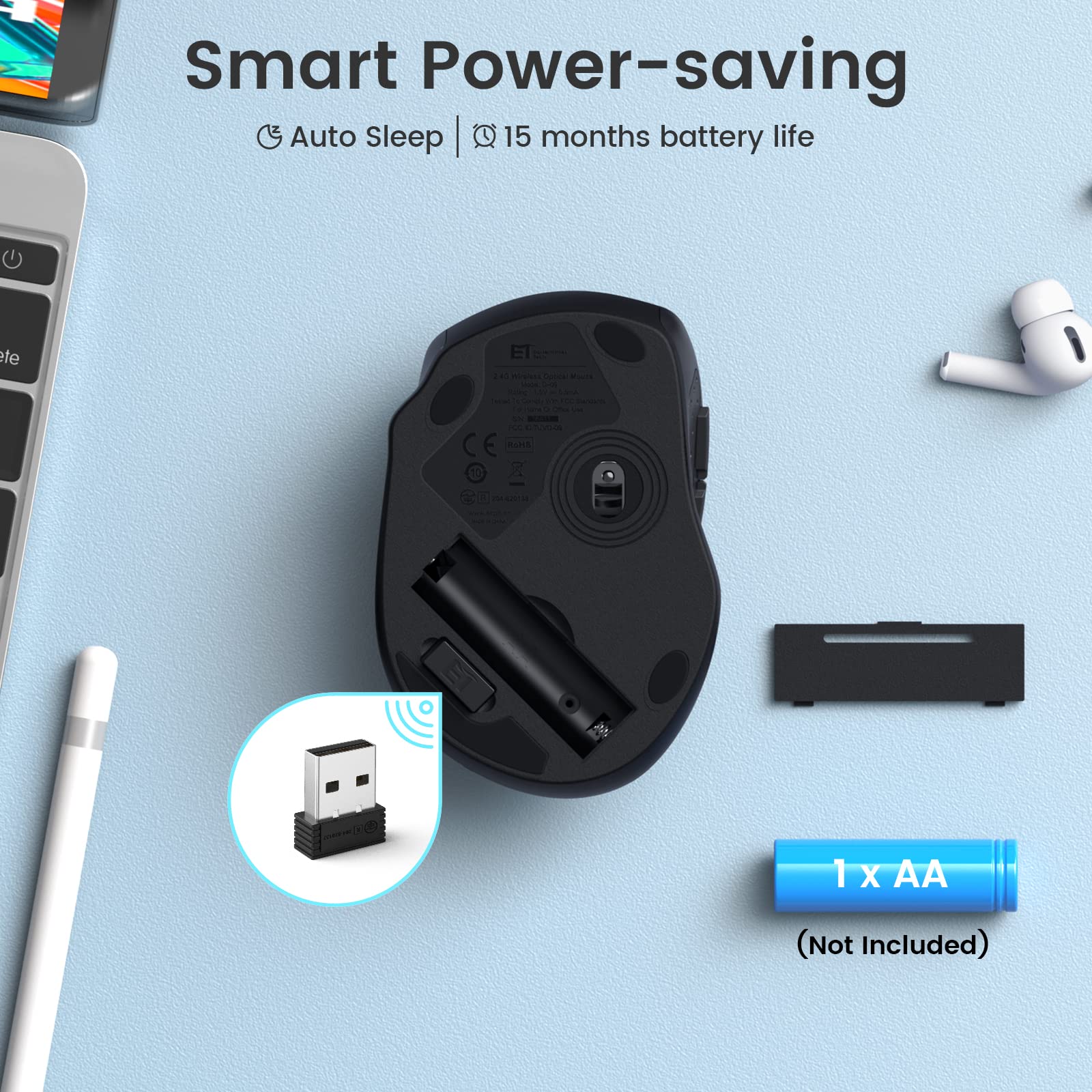Ergonomic Wireless Mouse 2.4G with USB Receiver, 5 Adjustable DPI up to 2400, Compatible with Laptop, Chromebook, Notebook, MacBook, PC - Perfect for Office, Home, and Travel Use