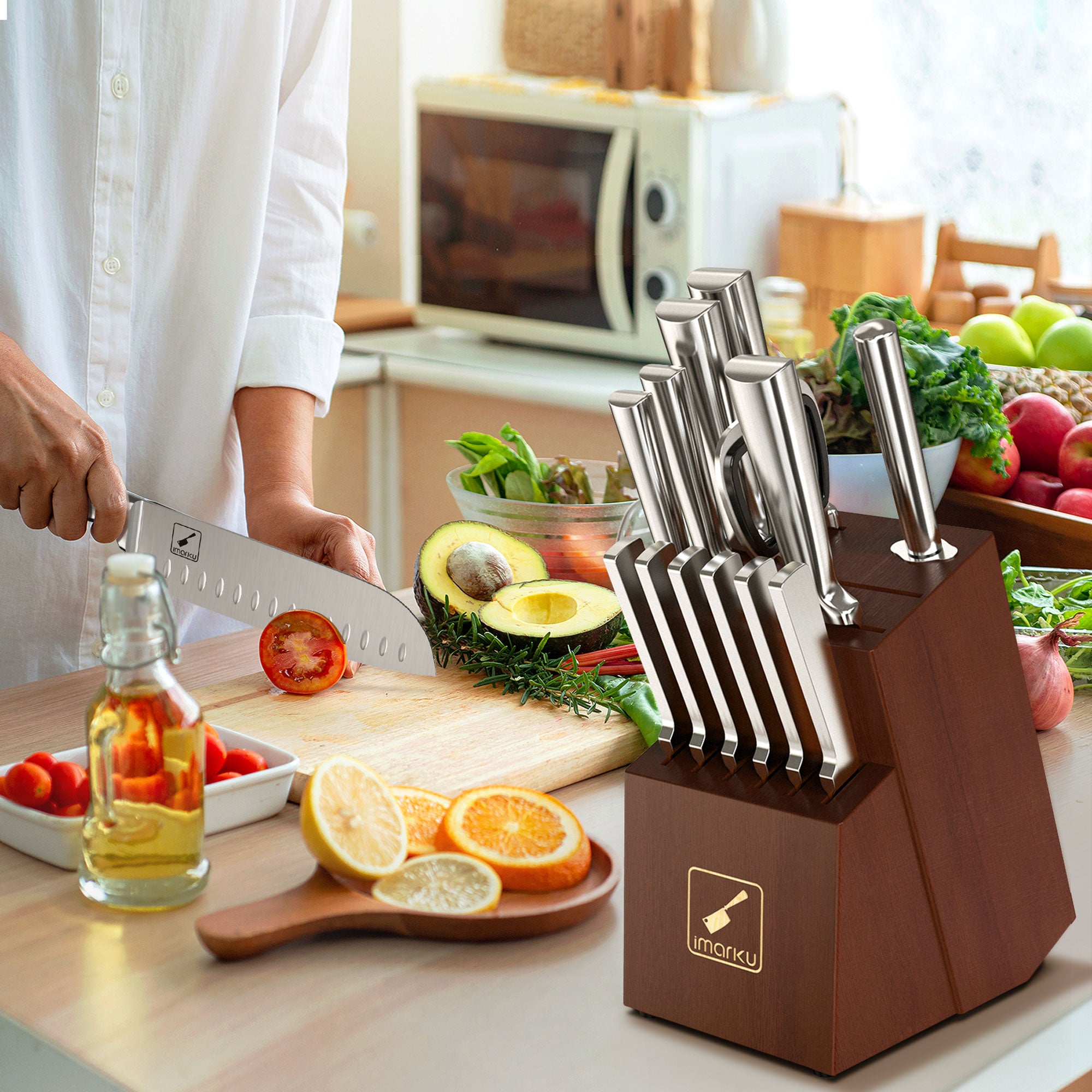 15-Piece Japanese Stainless Steel Knife Block Set with Sharpener - Premium Kitchen Cutlery for Professional Chefs & Home Cooking