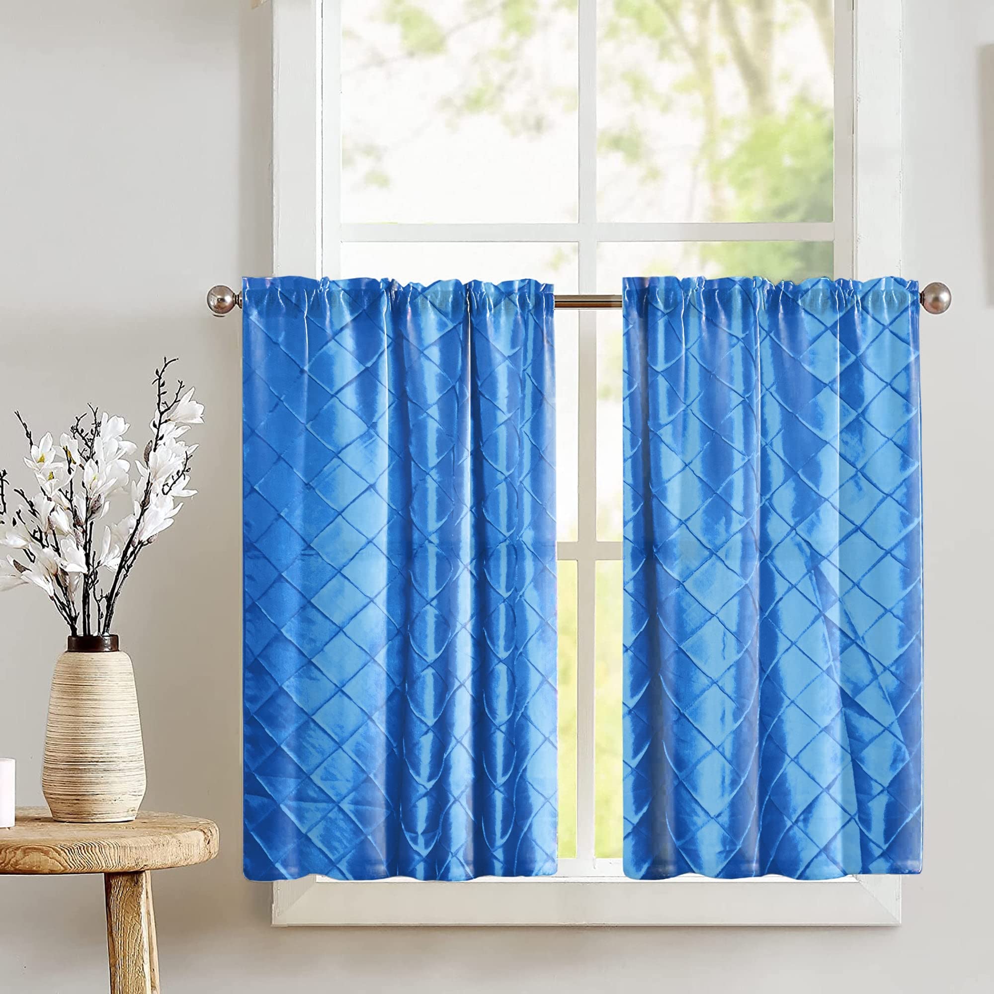 Lovemyfabric Diamond Pintuck Taffeta Tier Curtains 27x36 Inches - Elegant Cross-Stitch Window Treatment for Café, Bedroom & Living Room Decor in Turquoise