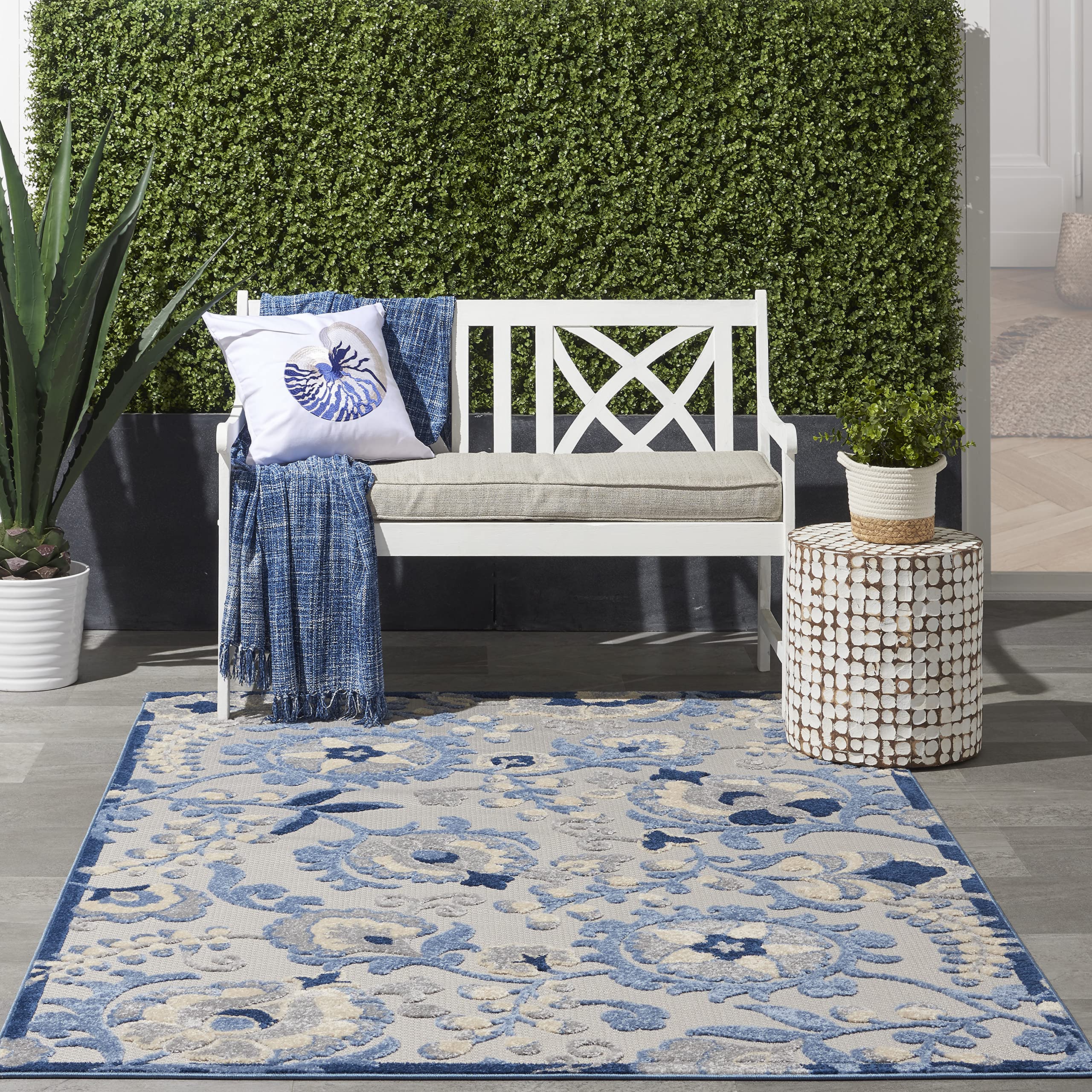 Nourison Aloha Indoor/Outdoor 6' x 9' Area Rug - Blue & Grey, Easy to Clean, Non-Shedding for Bedroom, Living Room, Dining Room | Perfect for Backyard, Deck & Patio Use (6x9)
