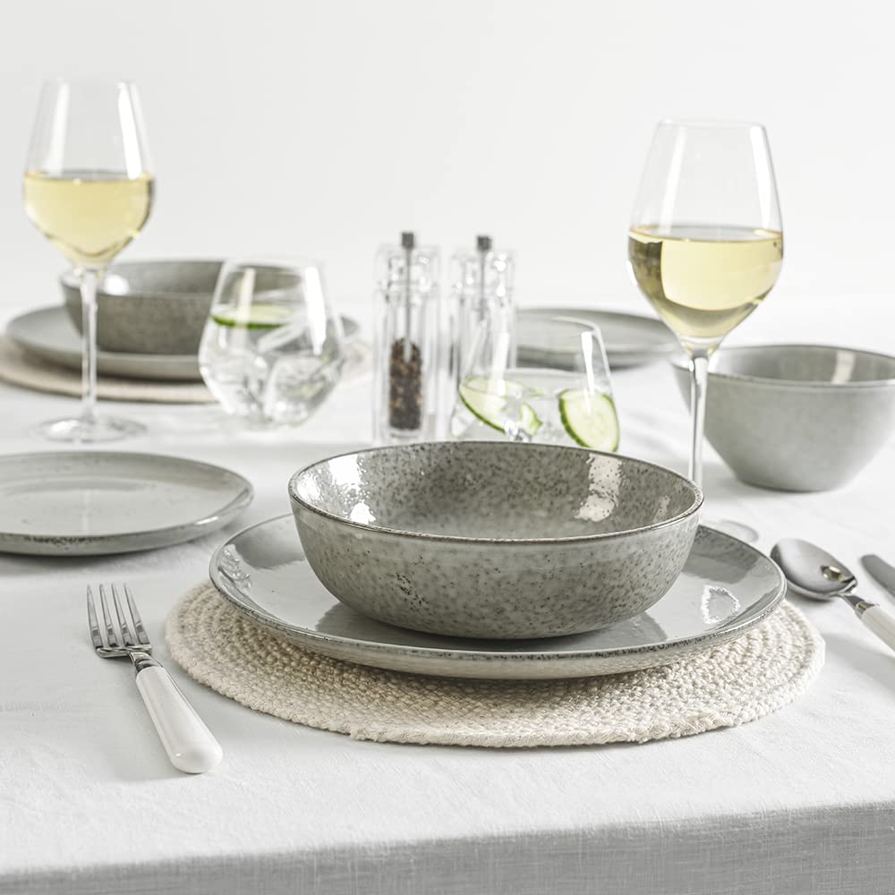 Oslo Coupe Stoneware Dinner Set - 16-Piece Oatmeal Grey Dinnerware for 4 People - Handcrafted Ceramic Plates, Bowls & Mugs - Dishwasher, Microwave & Oven Safe - Perfect for Family Dinners, Dinner Parties & Everyday Use