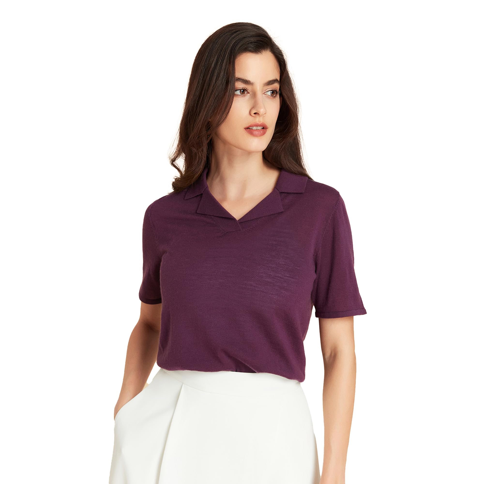 GreenMount Women's Cashmere Wool Lapel Neck T-Shirt - Soft Comfortable Short Sleeve Summer Top for Casual Wear & Office Outfits