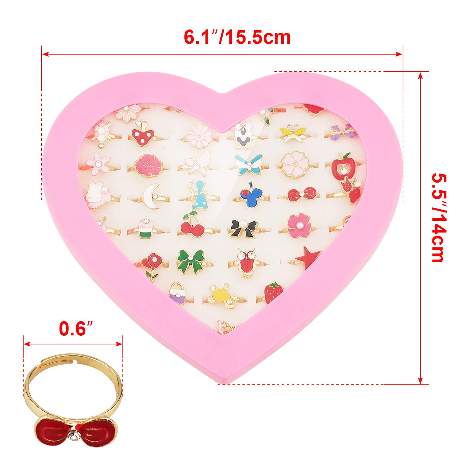 36 pcs Adjustable Rings for Kids - No Duplicate Pretend Play Jewelry Set with Heart-Shaped Display Case | Perfect for Dress-Up, Birthday Gifts & Role-Playing Games