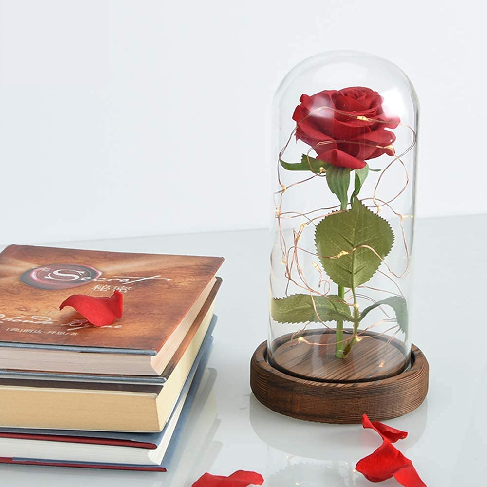 SW Preserved Rose - Enchanted Red Silk Rose in Glass Dome with LED Lights & Pine Base, Romantic Home Decor Gift for Women - Perfect for Valentine's Day, Mother's Day, Christmas, Wedding Anniversary, Birthday (Ideal for Bedroom Decor, Wedding Centerpiece, Romantic Gift)