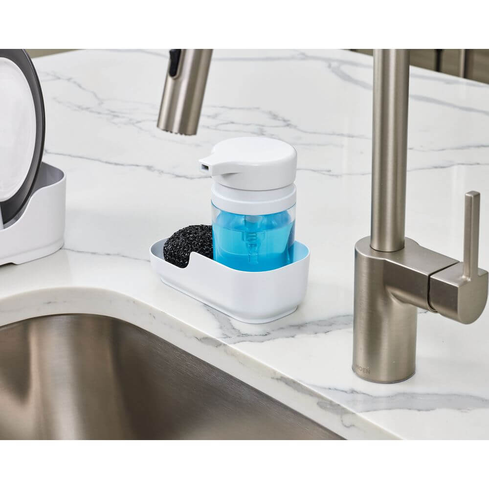 iDesign White Dish Soap Dispenser with Drip Tray - Kitchen Countertop Organizer for Hand Soap, Lotion & Liquid Detergent | Perfect for Sink, Bathroom & Laundry Room
